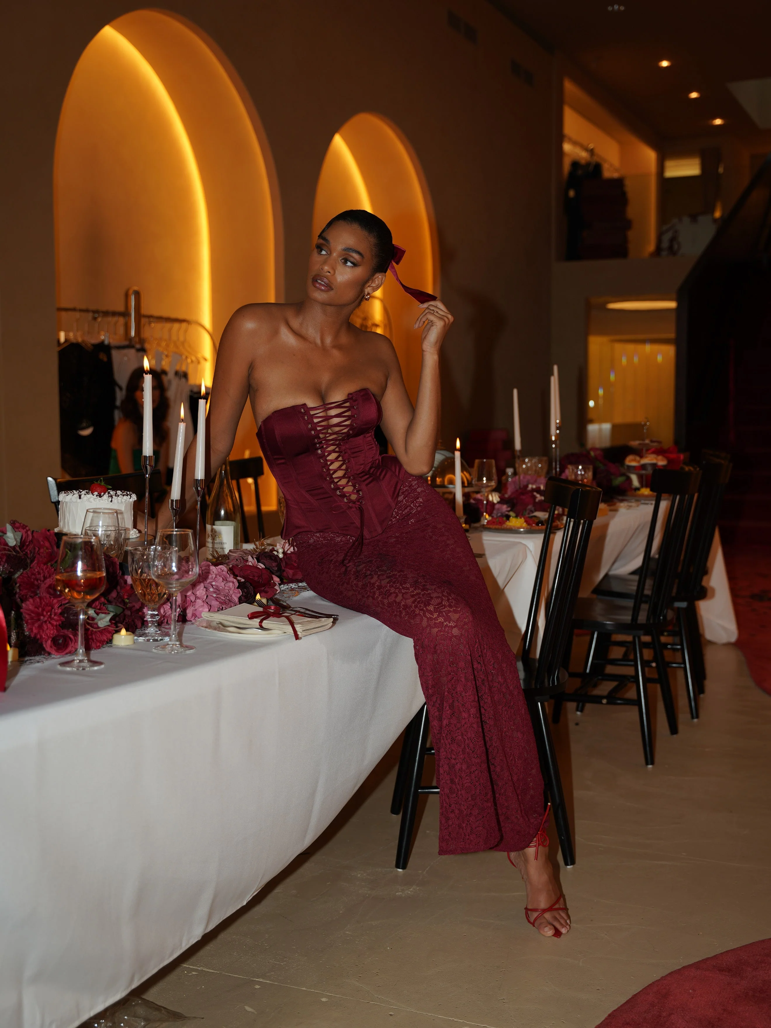 Lucinda Burgundy Satin Charming Lace Corset Maxi Dress - Image 37