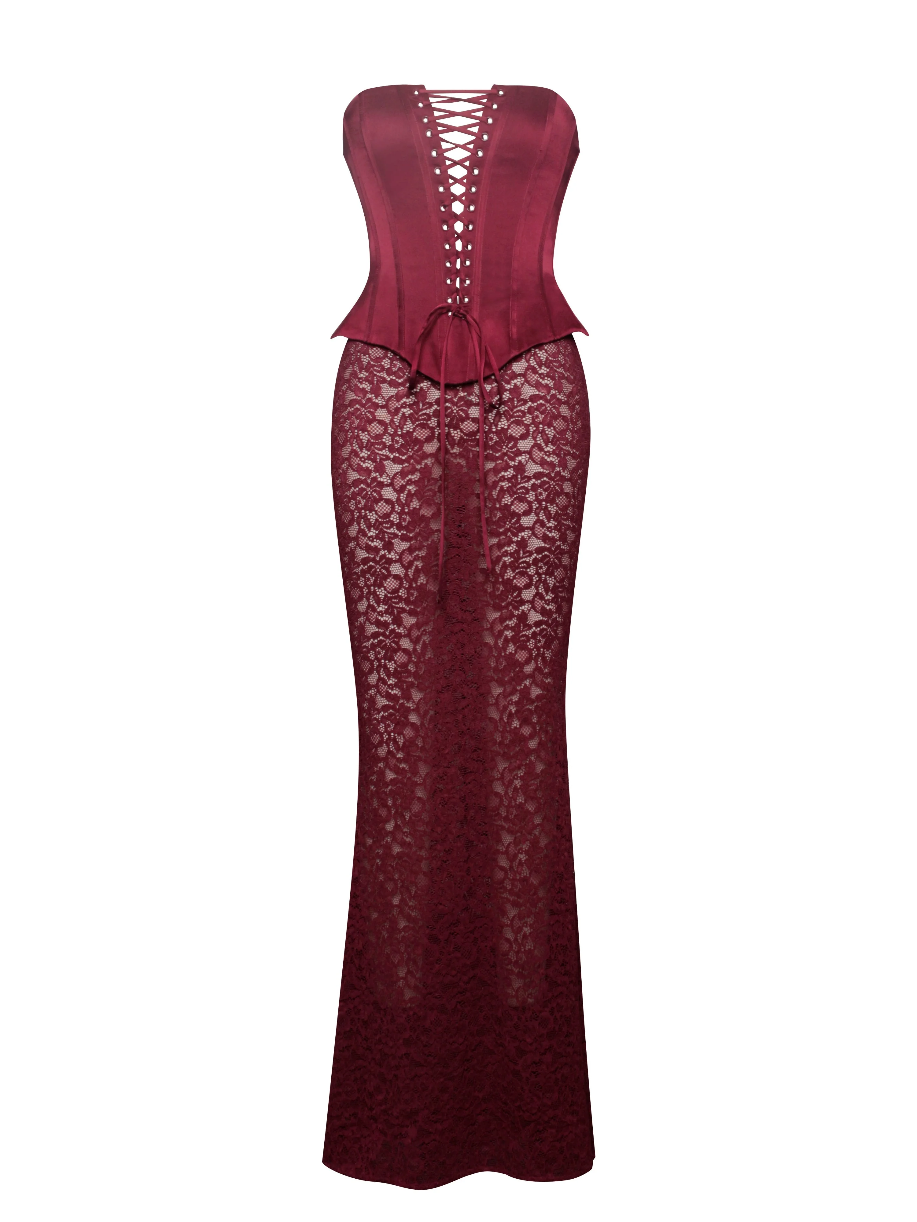 Lucinda Burgundy Satin Charming Lace Corset Maxi Dress - Image 42