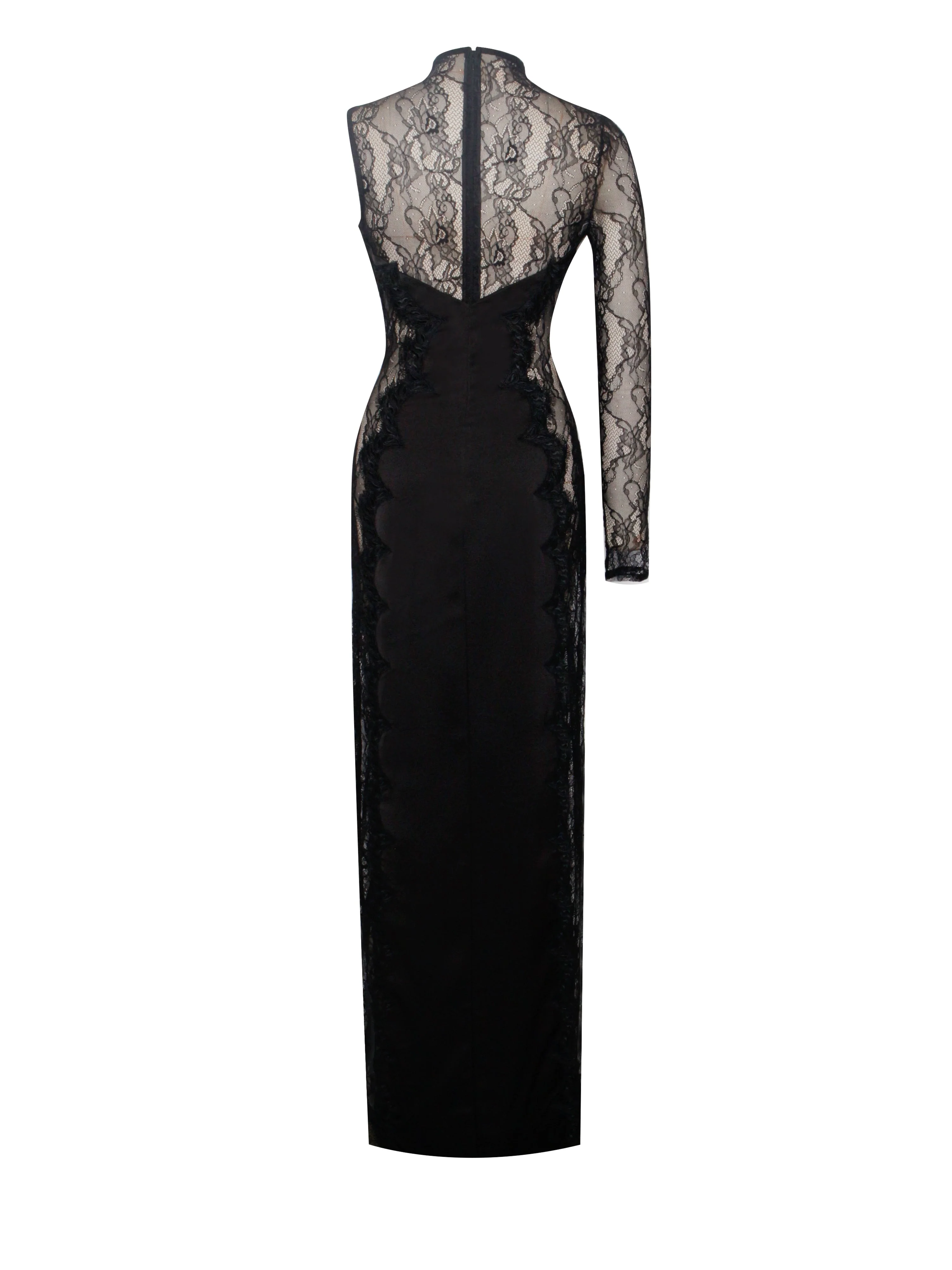 Weslyn Black Satin Charming Lace High Slit Dress - Image 21