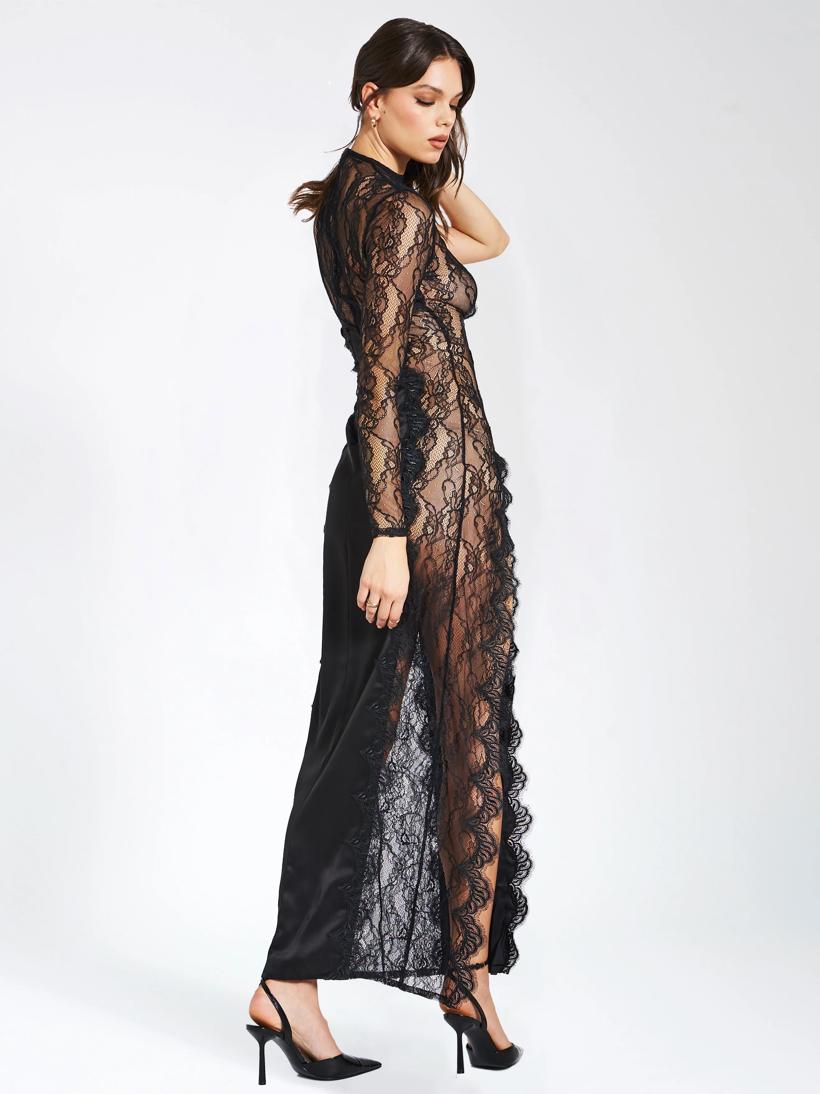Weslyn Black Satin Charming Lace High Slit Dress - Image 33