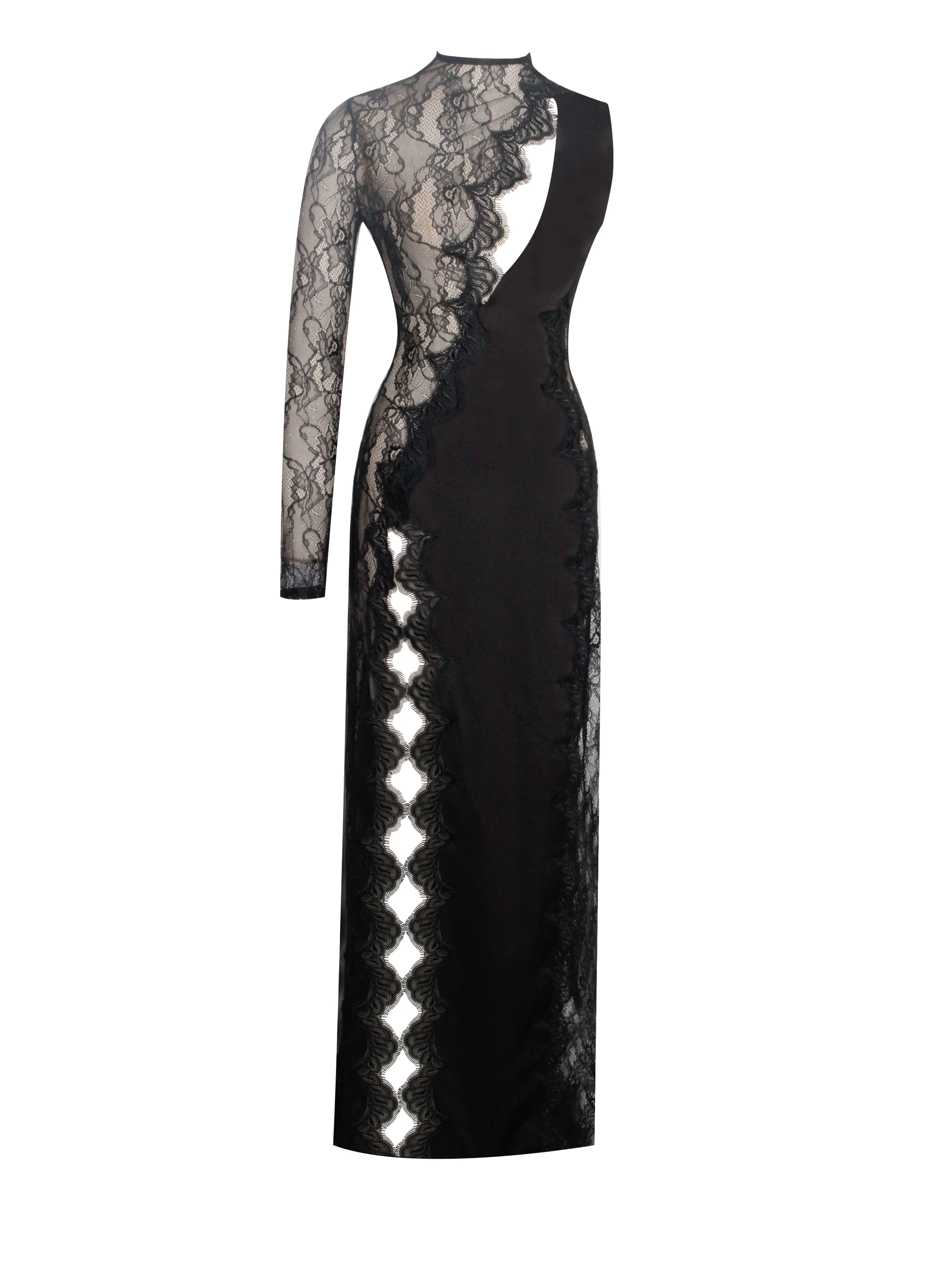 Weslyn Black Satin Charming Lace High Slit Dress - Image 40