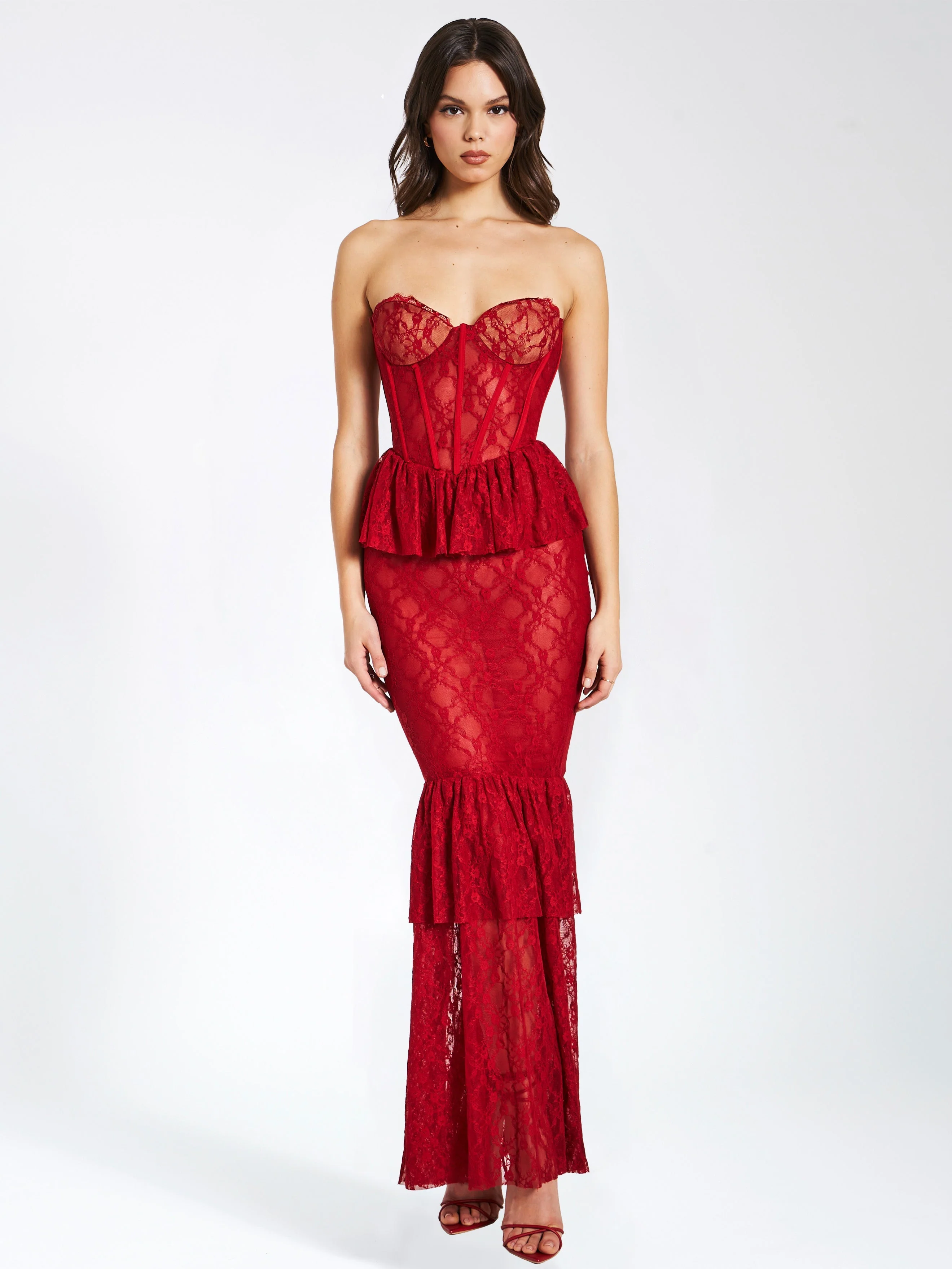 Quennell Burgundy Lace Charming Corset Maxi Dress - Image 39