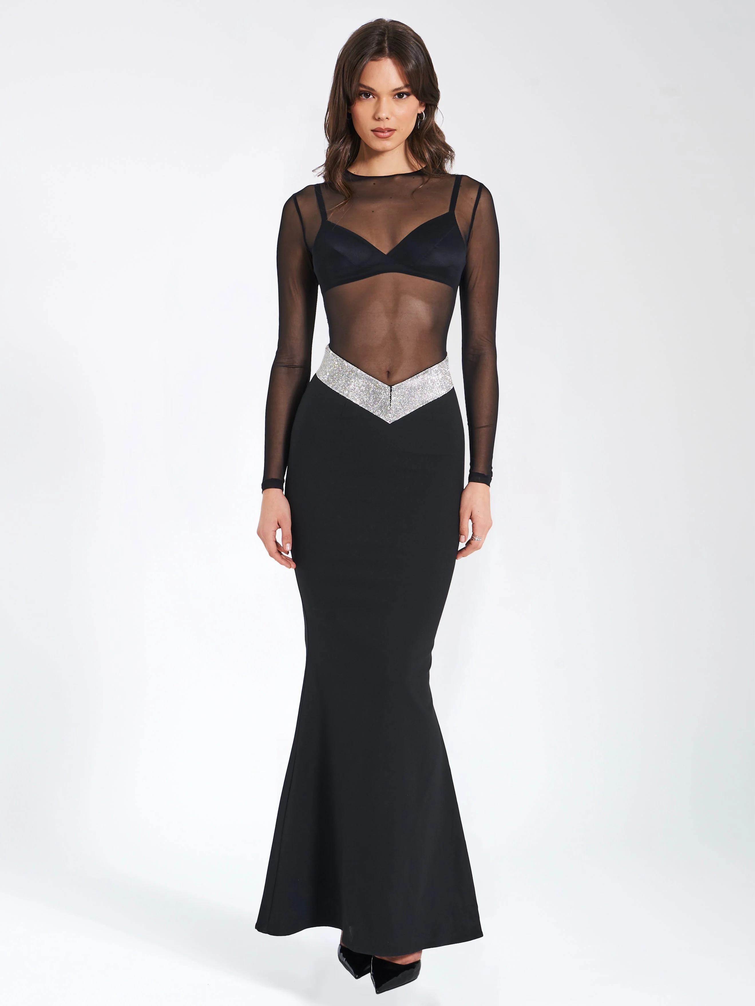 Aggie Black Sheer Maxi Graceful Dress With Crystal Waist Trim - Image 4