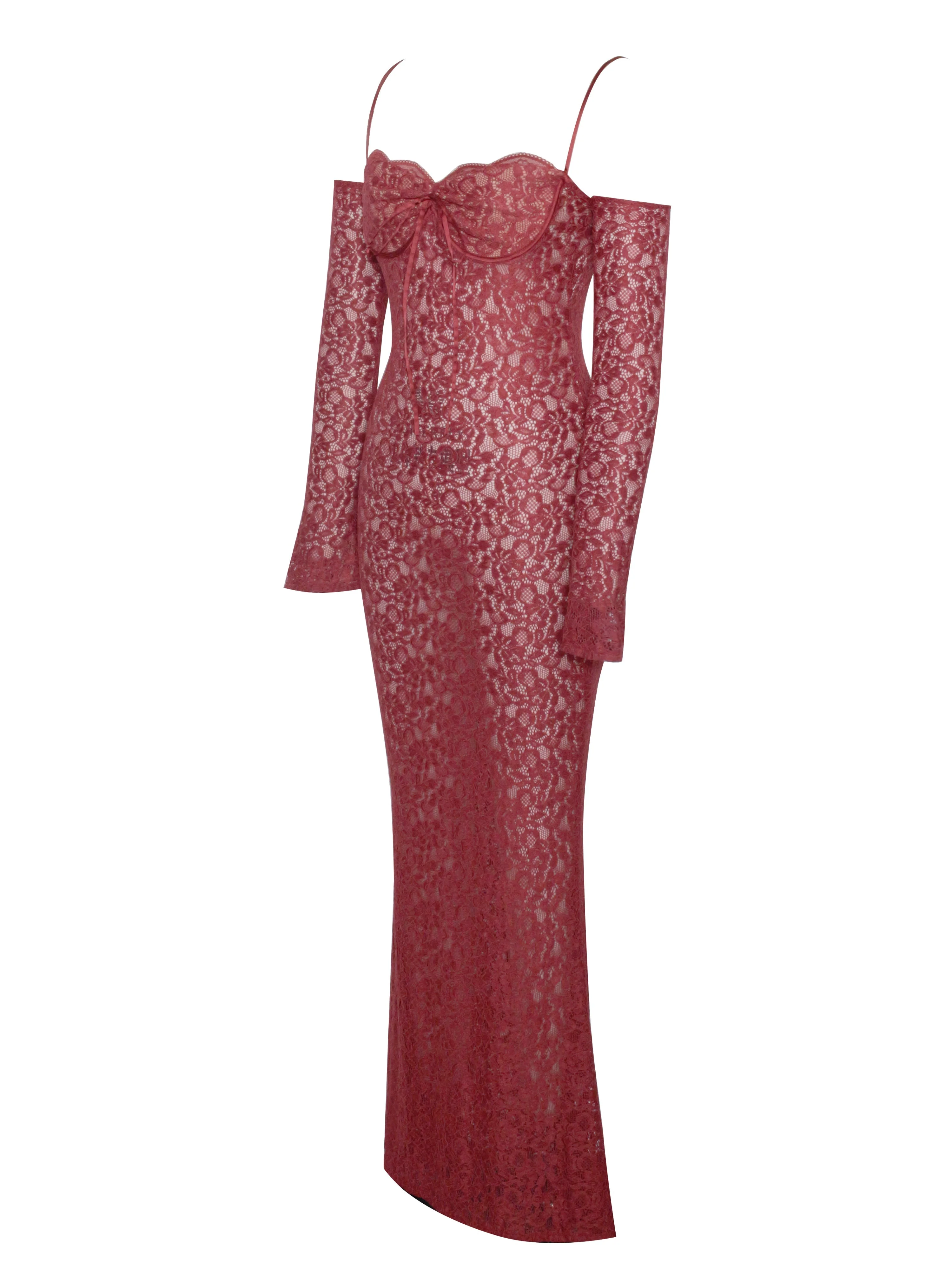 Udaya Burgundy Lace Charming Long Sleeve Maxi Dress - Image 27