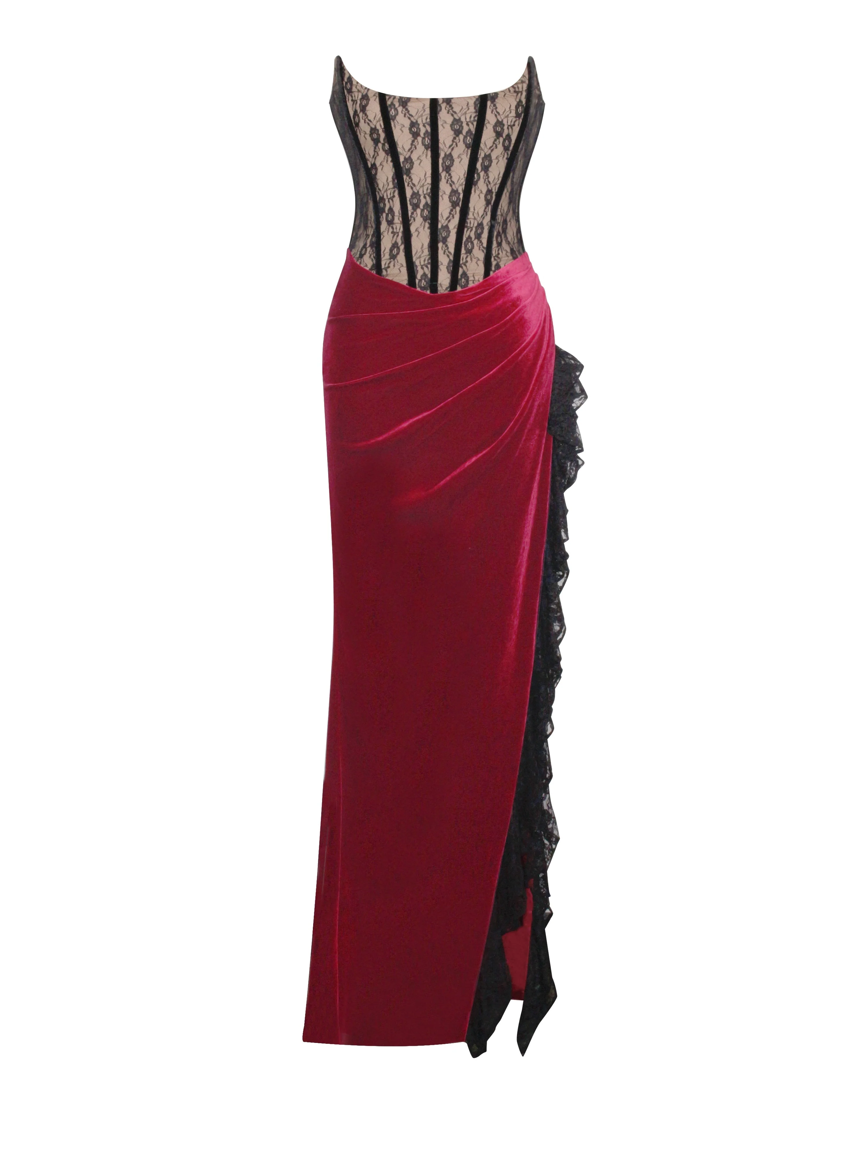 Gaia Burgundy Lace Velvet Graceful Corset Side Slit Dress - Image 21
