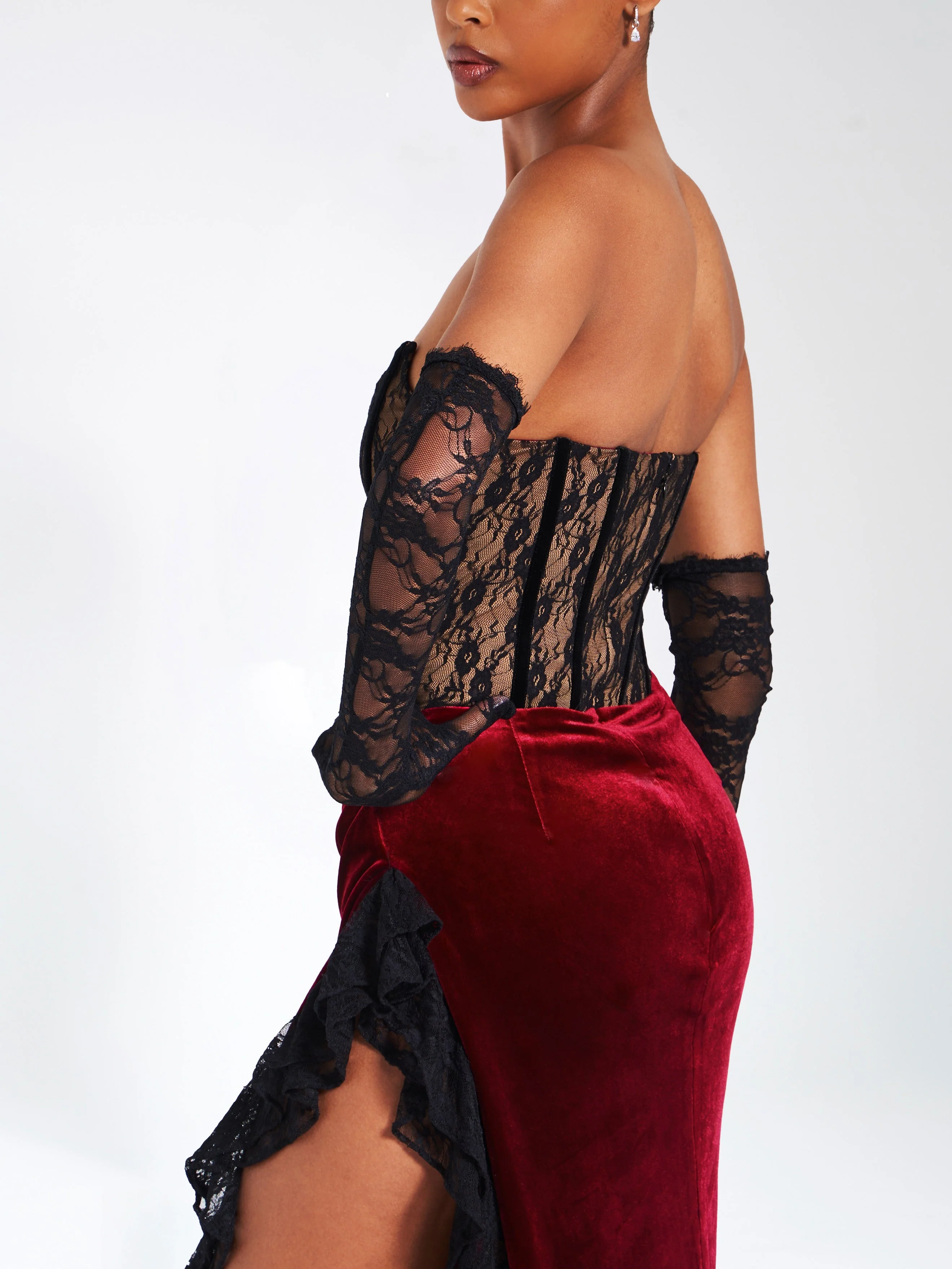 Gaia Burgundy Lace Velvet Graceful Corset Side Slit Dress - Image 22