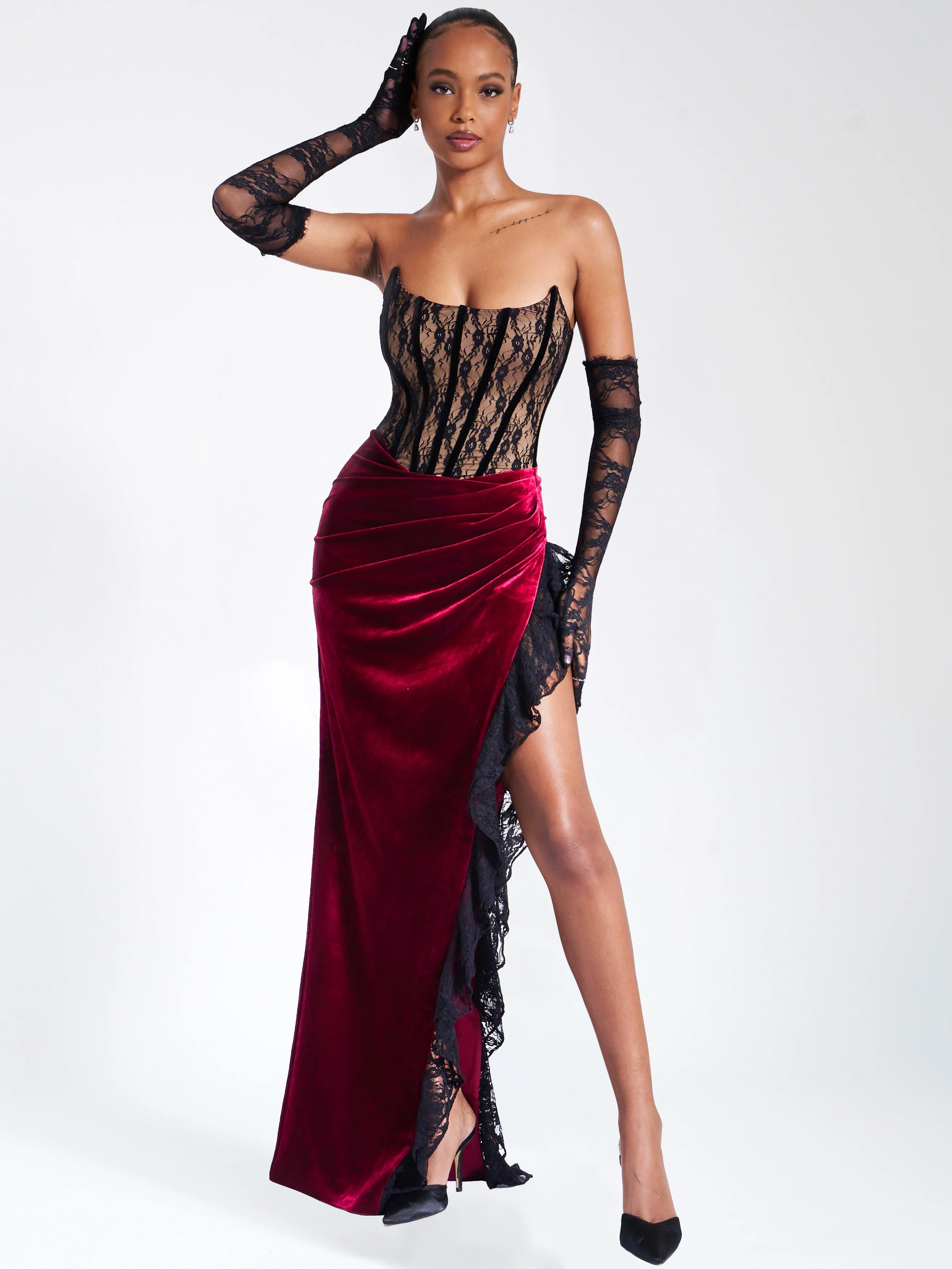 Gaia Burgundy Lace Velvet Graceful Corset Side Slit Dress - Image 25