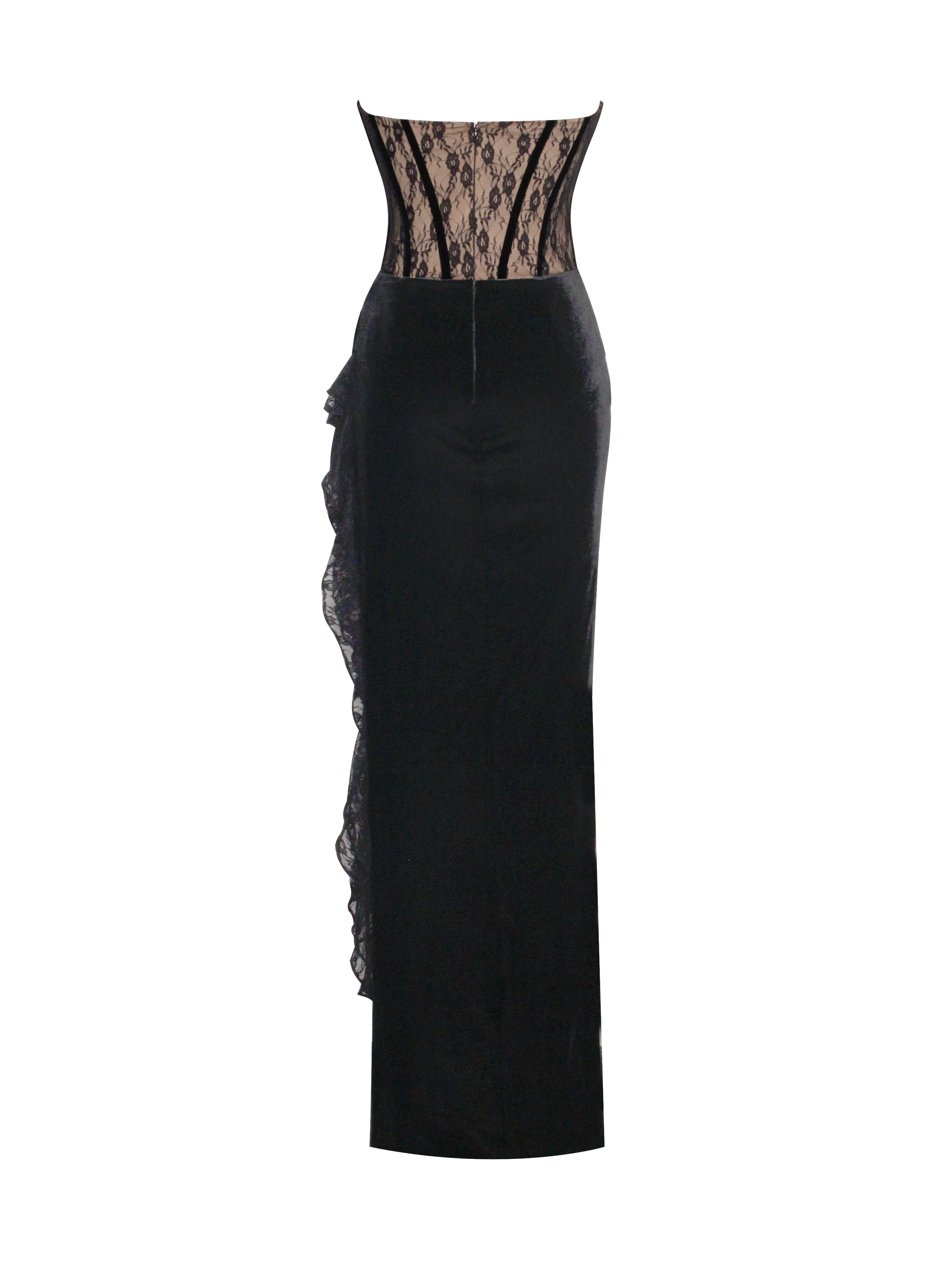 Gaia Black Lace Velvet Graceful Corset Side Slit Dress - Image 33