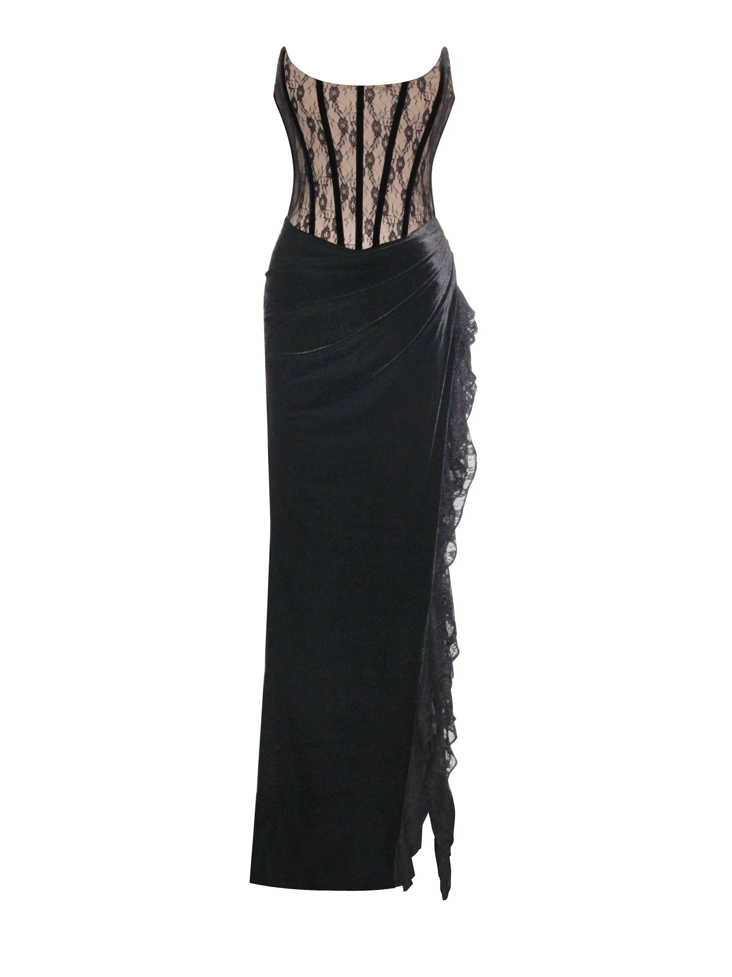 Gaia Black Lace Velvet Graceful Corset Side Slit Dress - Image 35