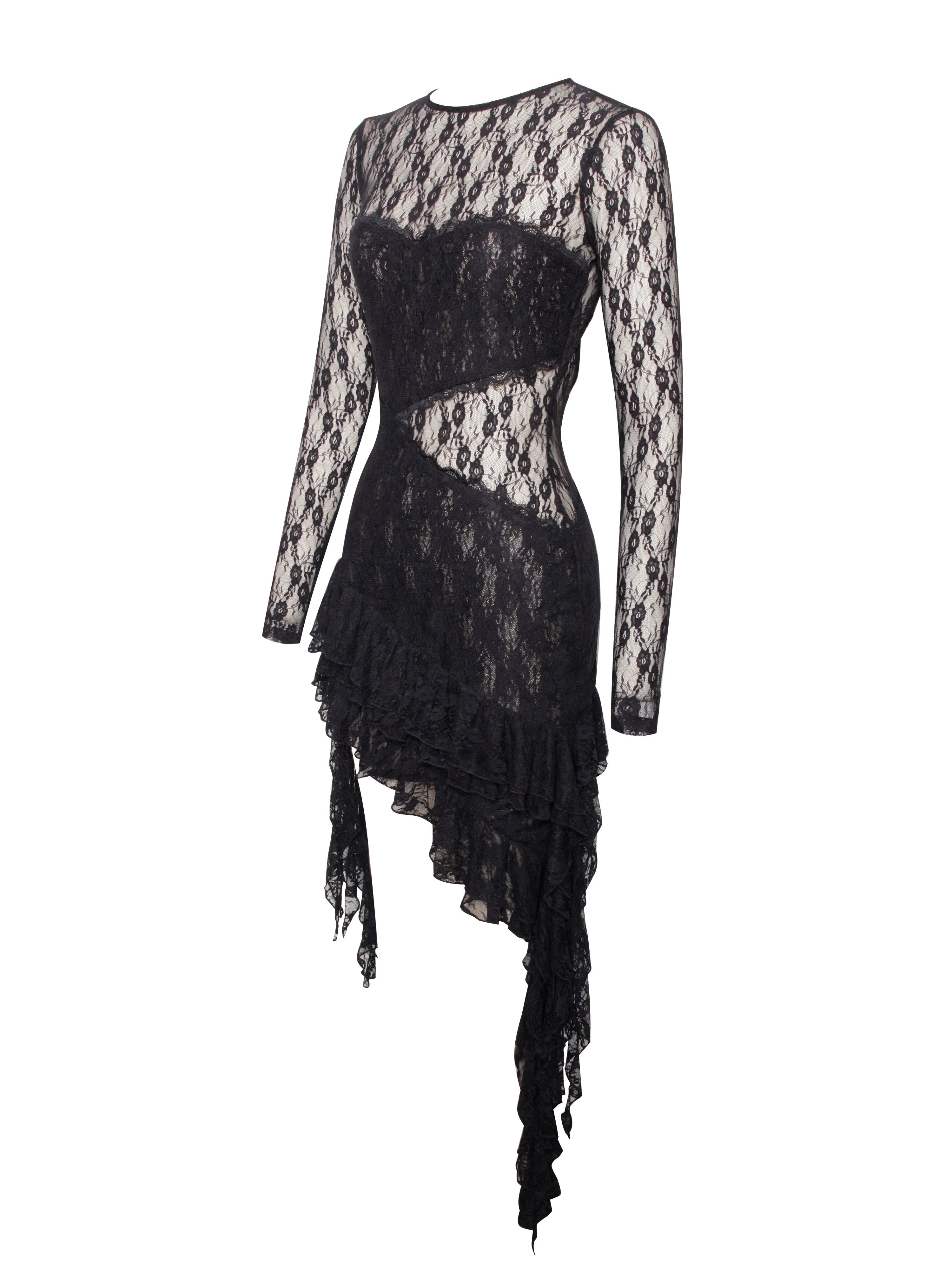 Omaira Black Lace Charming Long Sleeve Ruffle Dress - Image 13