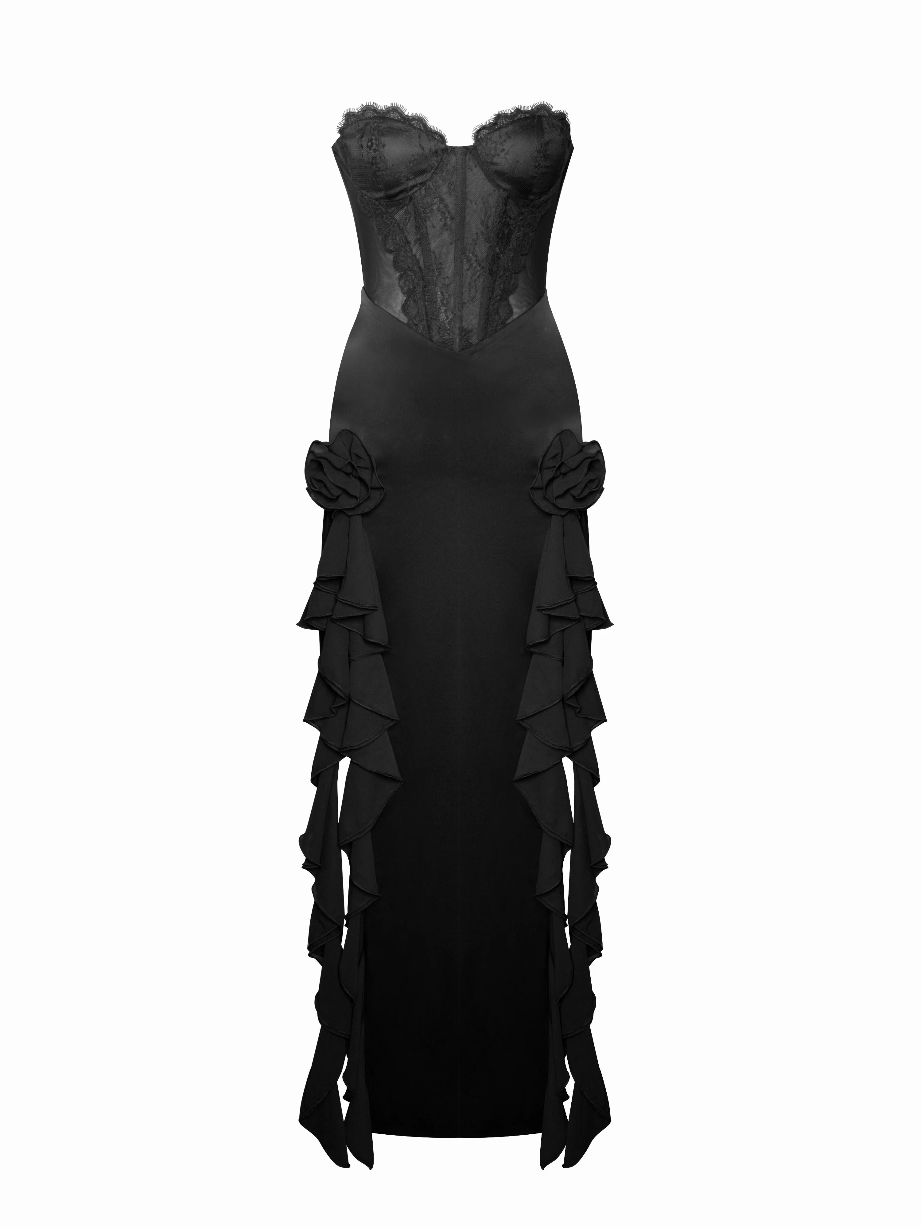 Talia Black Satin Charming Lace Corset Maxi Dress - Image 18