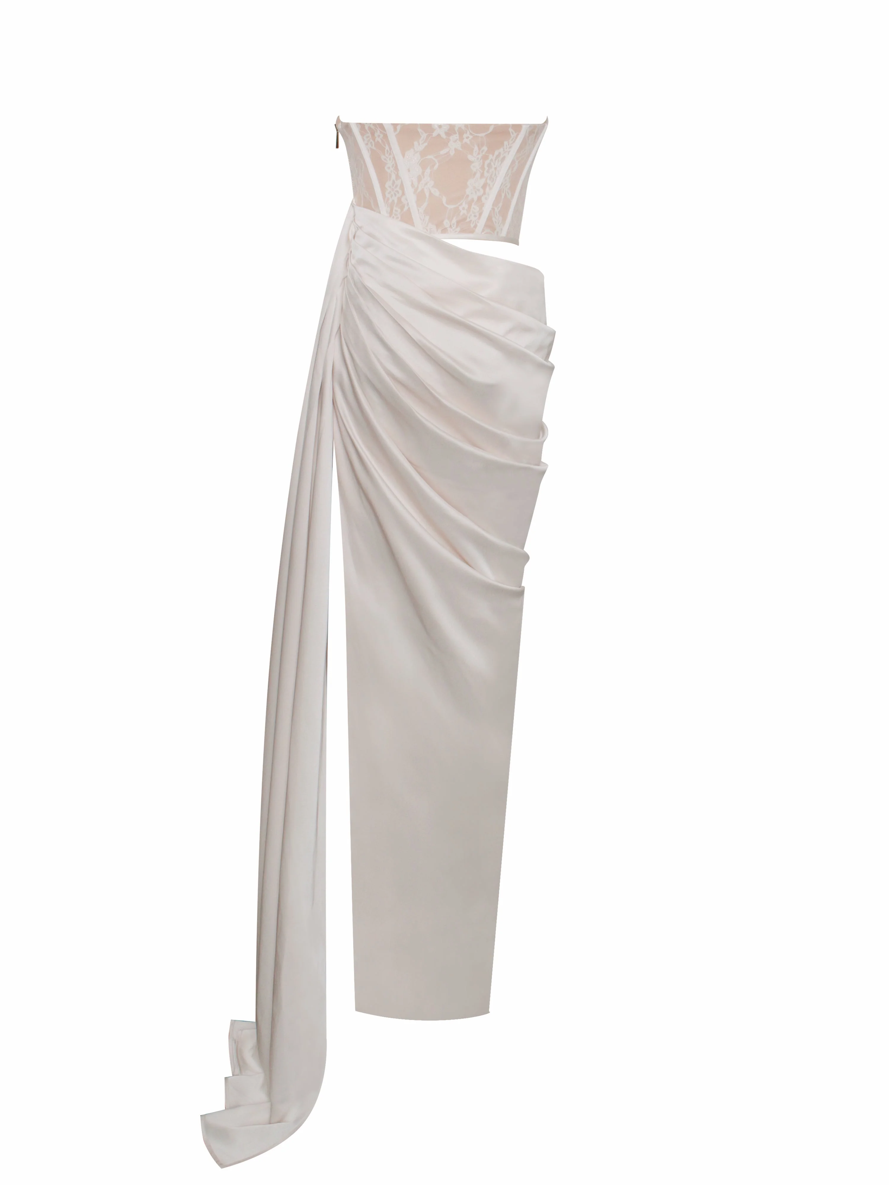 Callie Pearl White Lace Graceful Satin Corset High Slit Gown - Image 16