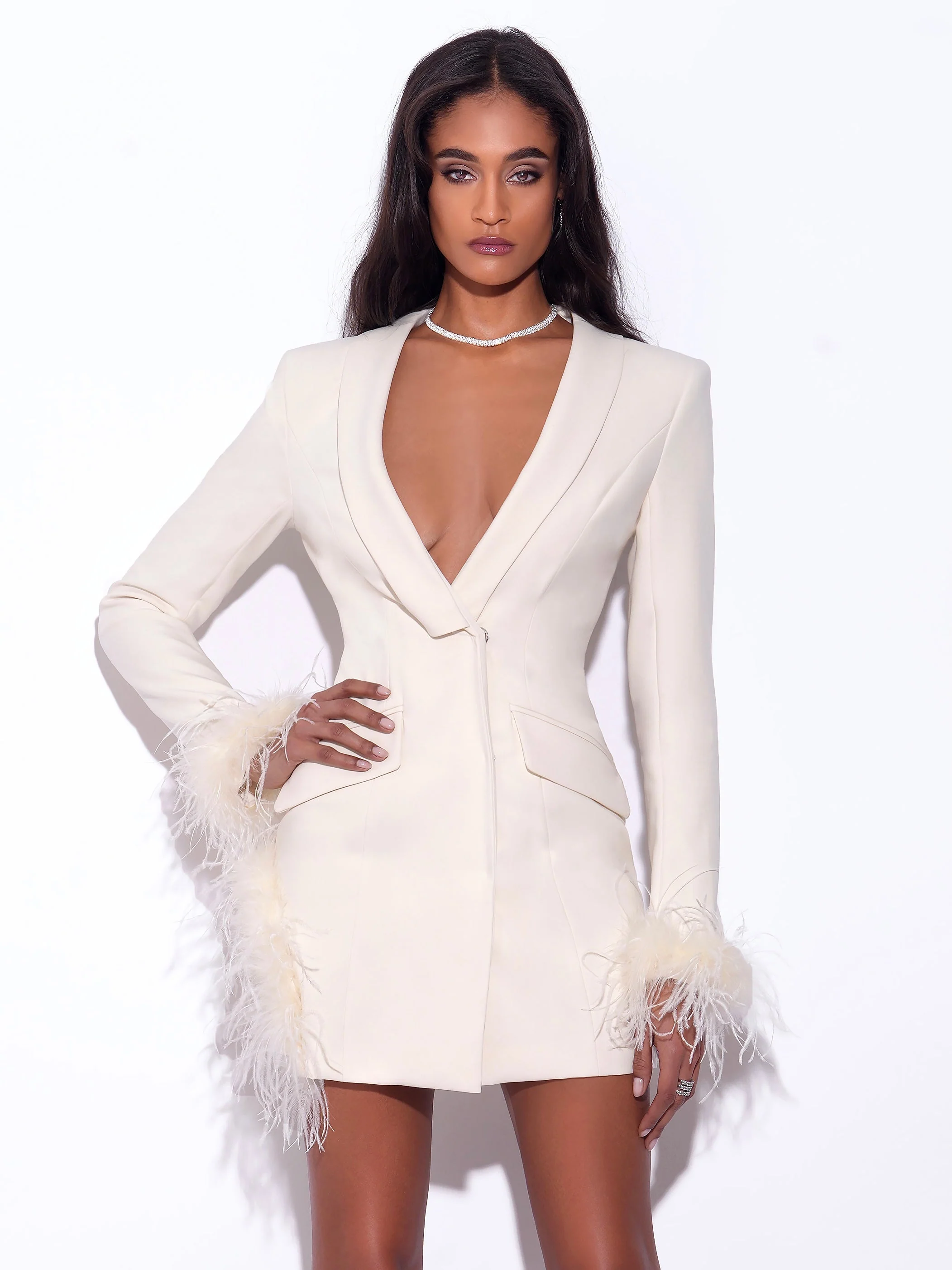 Madeline Pearl White Charming Feather Trim Blazer Dress - Image 39