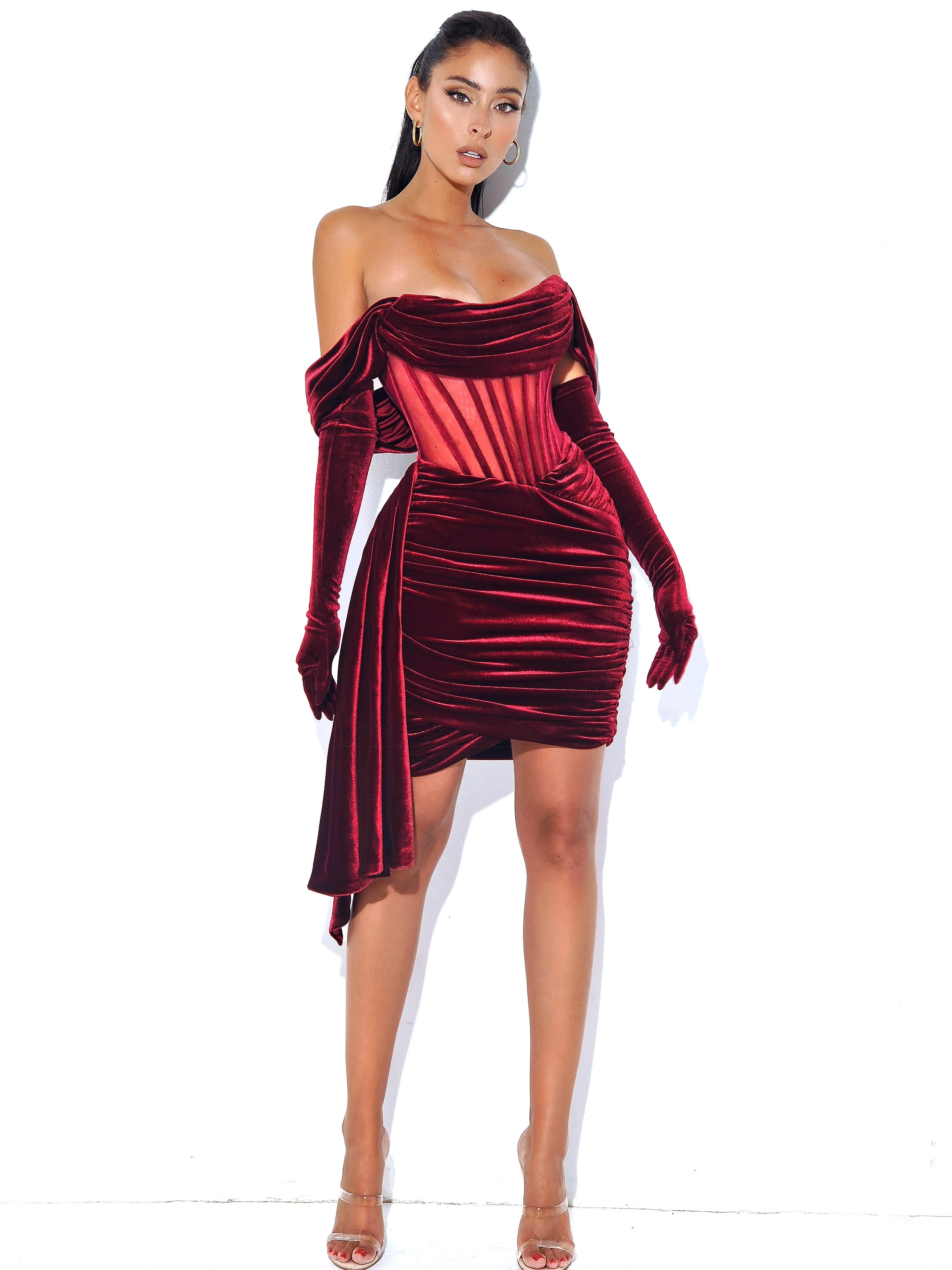 Irisa Burgundy Draping Charming Off Shoulder Corset Dress - Image 27