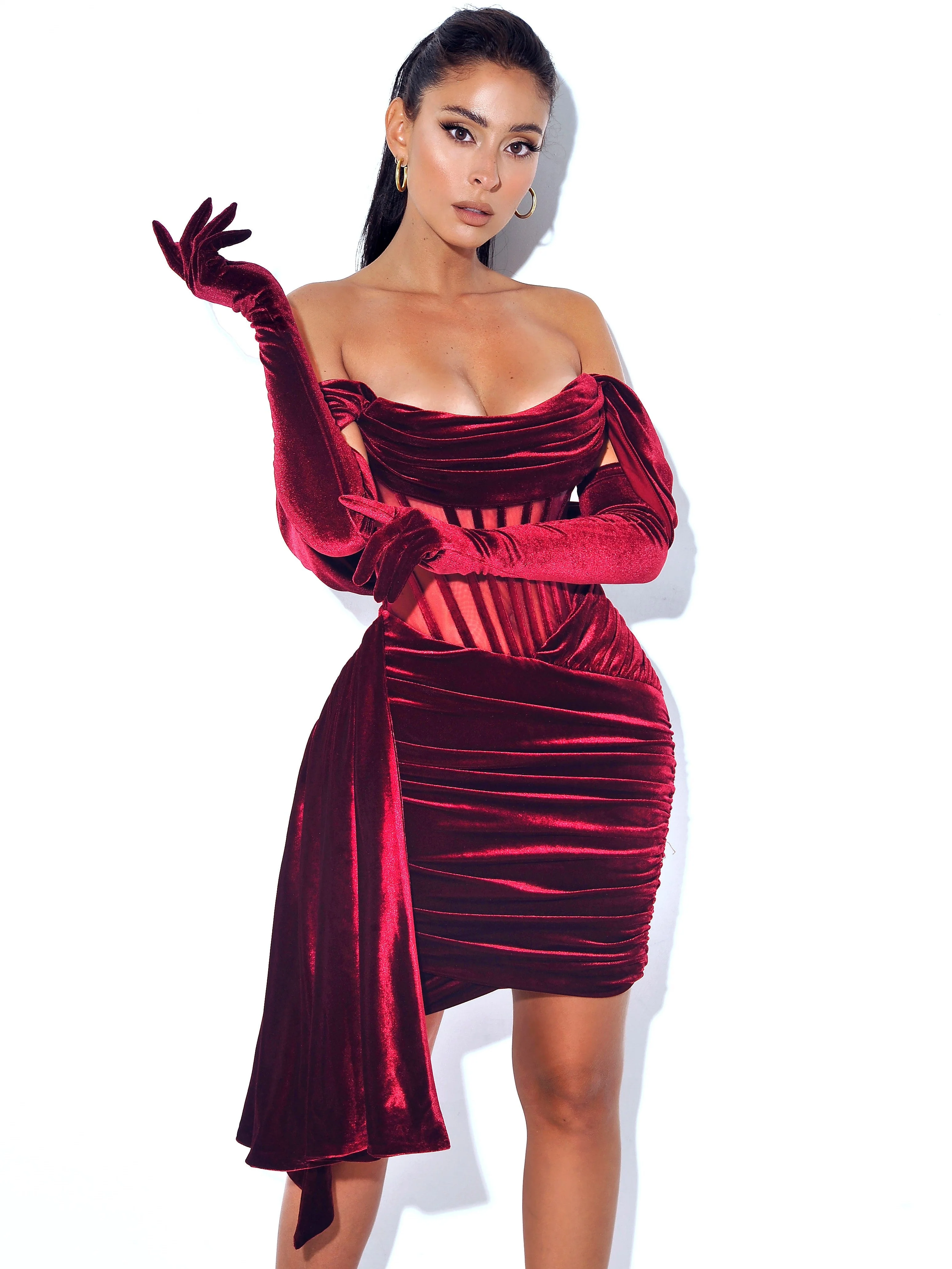 Irisa Burgundy Draping Charming Off Shoulder Corset Dress - Image 30