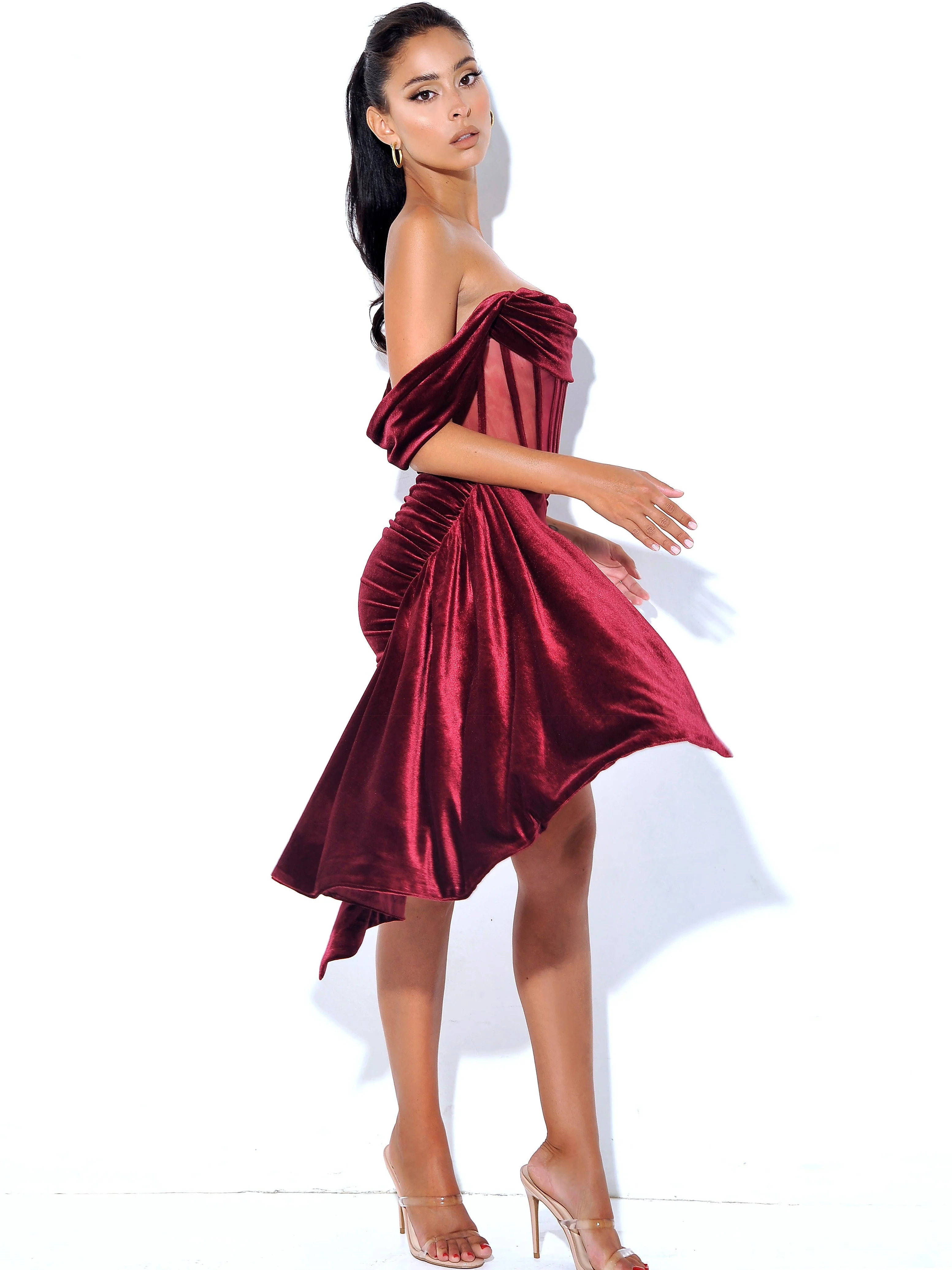 Irisa Burgundy Draping Charming Off Shoulder Corset Dress - Image 40
