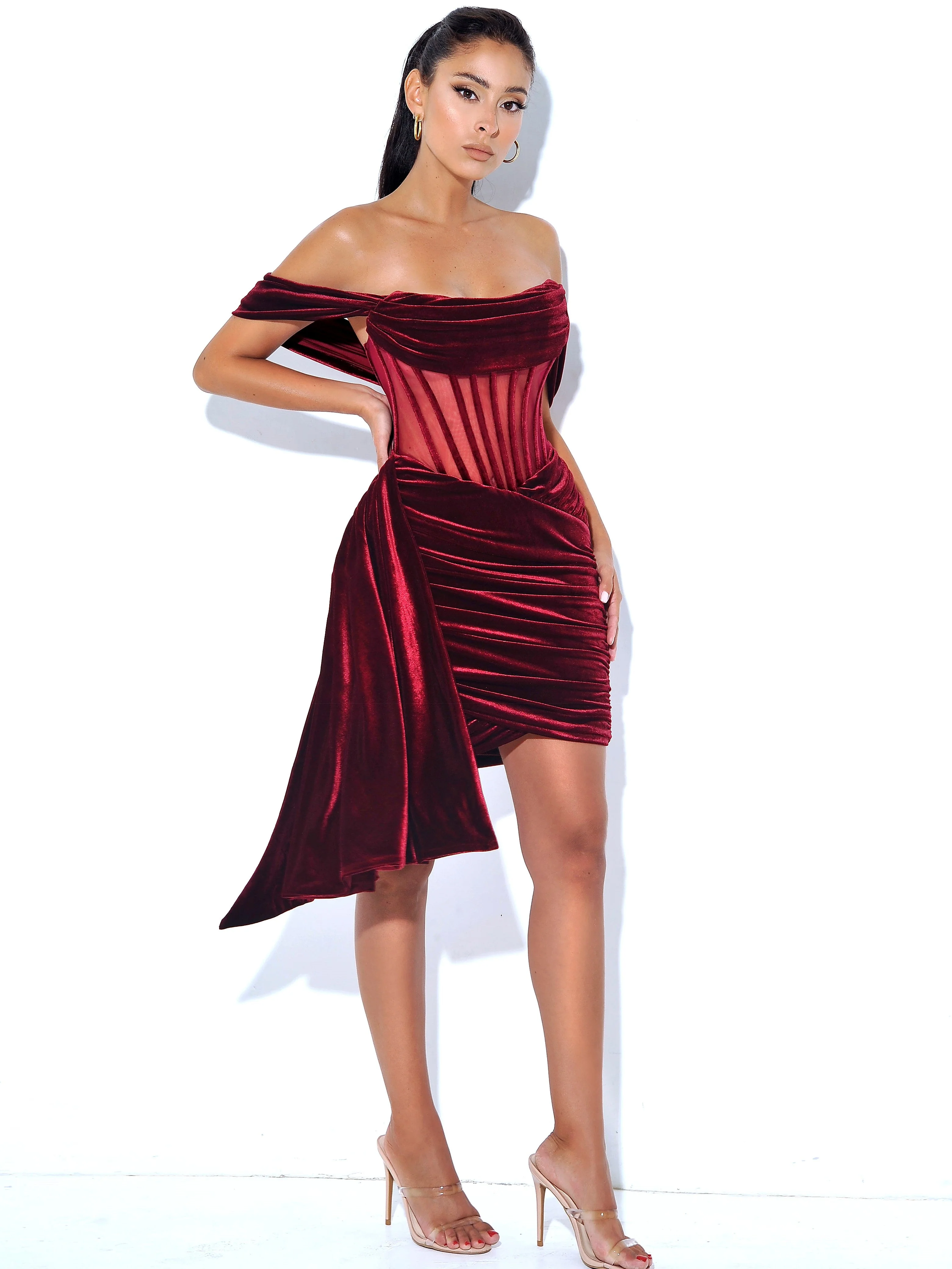 Irisa Burgundy Draping Charming Off Shoulder Corset Dress - Image 41