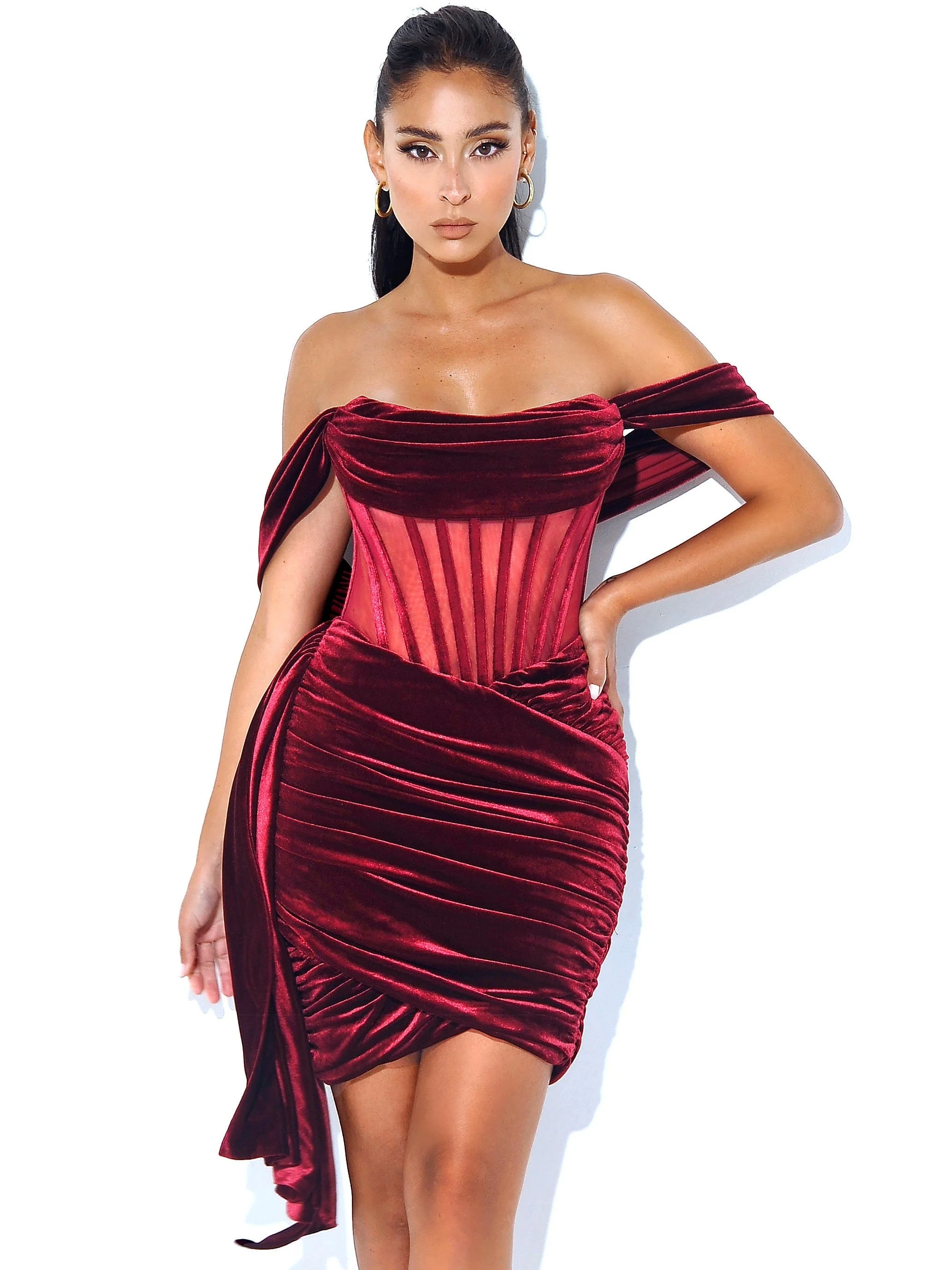 Irisa Burgundy Draping Charming Off Shoulder Corset Dress - Image 48