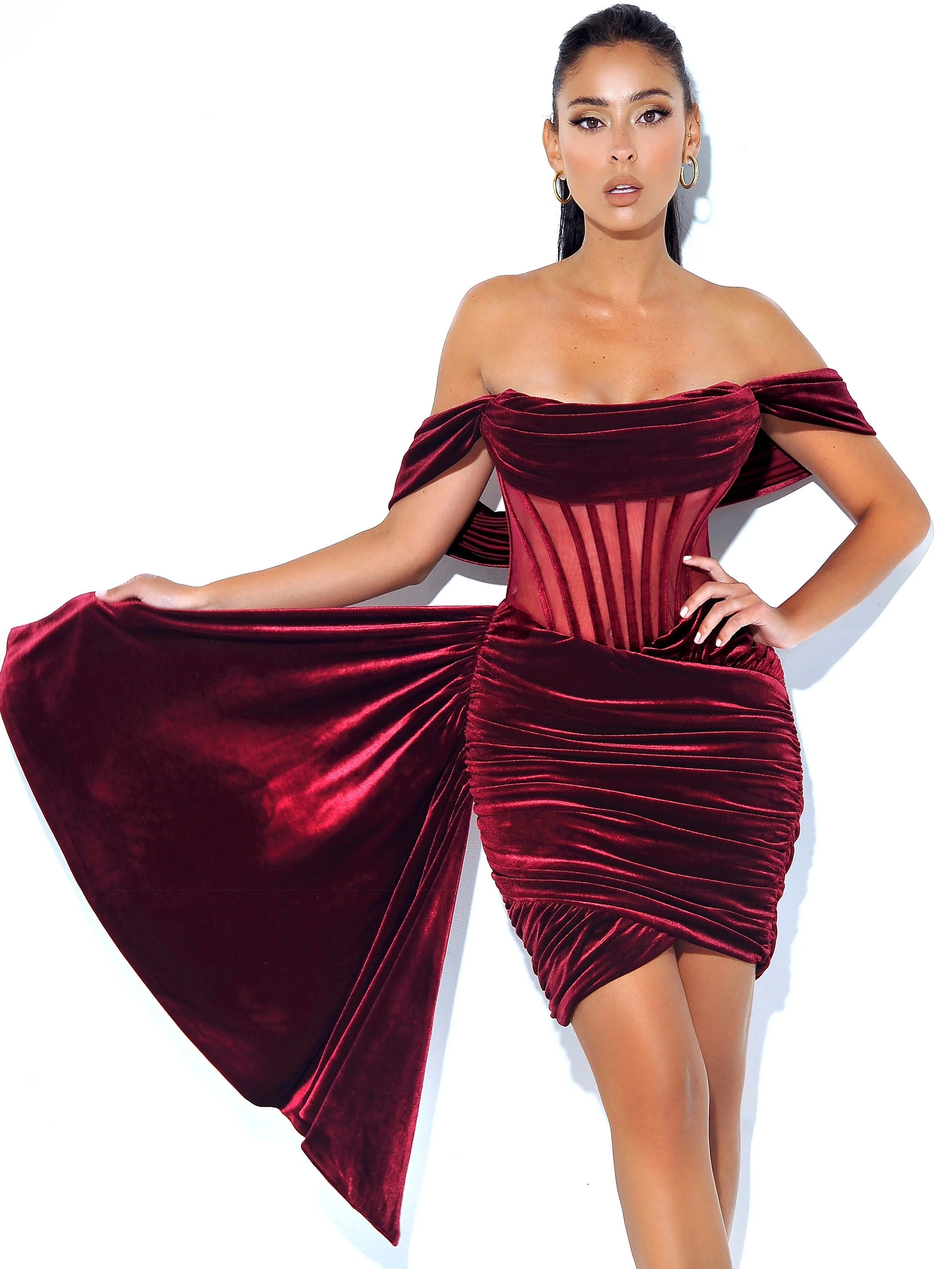 Irisa Burgundy Draping Charming Off Shoulder Corset Dress - Image 5