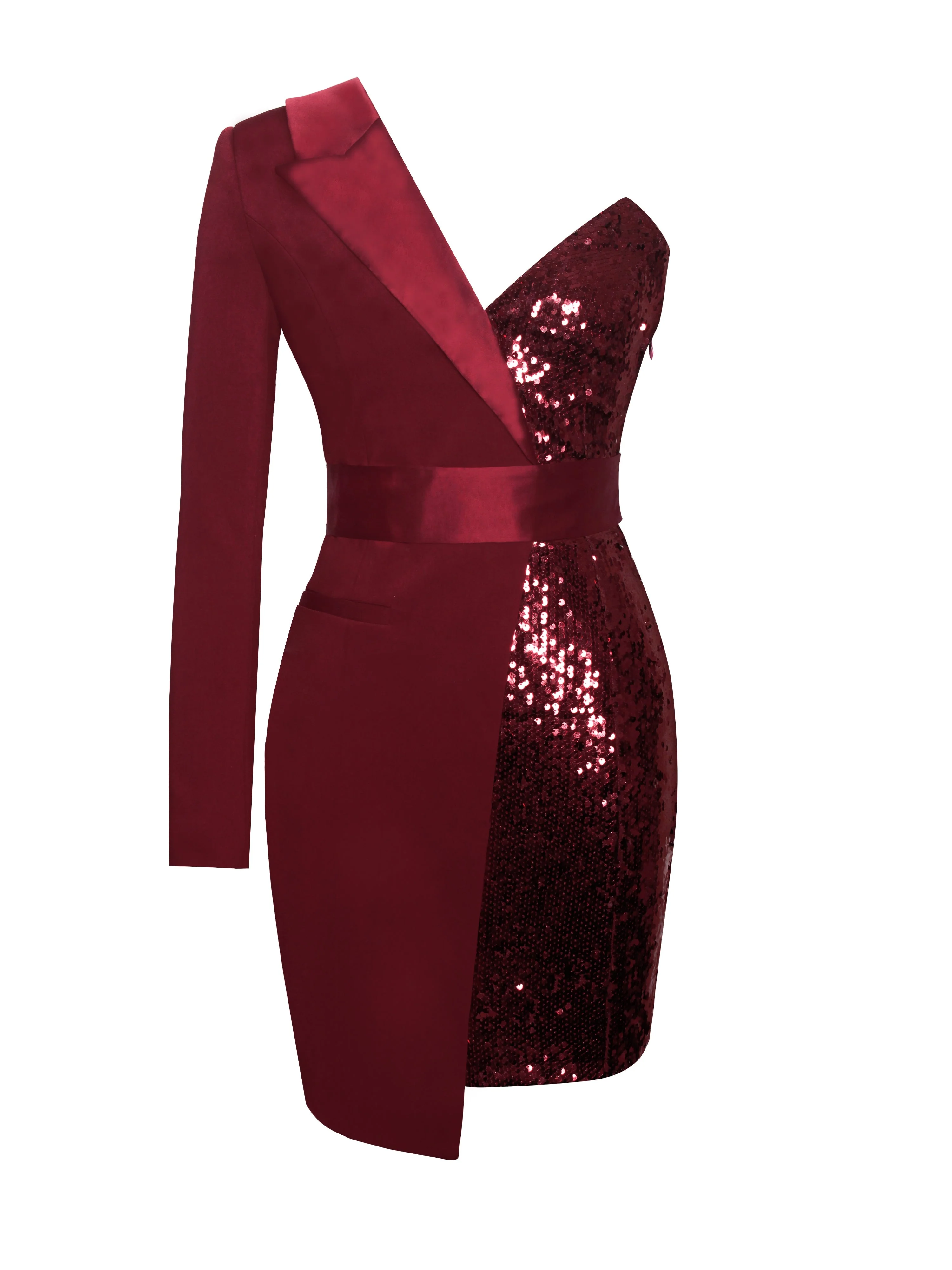 Silver Night Wine Red Graceful Sequin Crepe Tuxedo Blazer Dress - Image 18