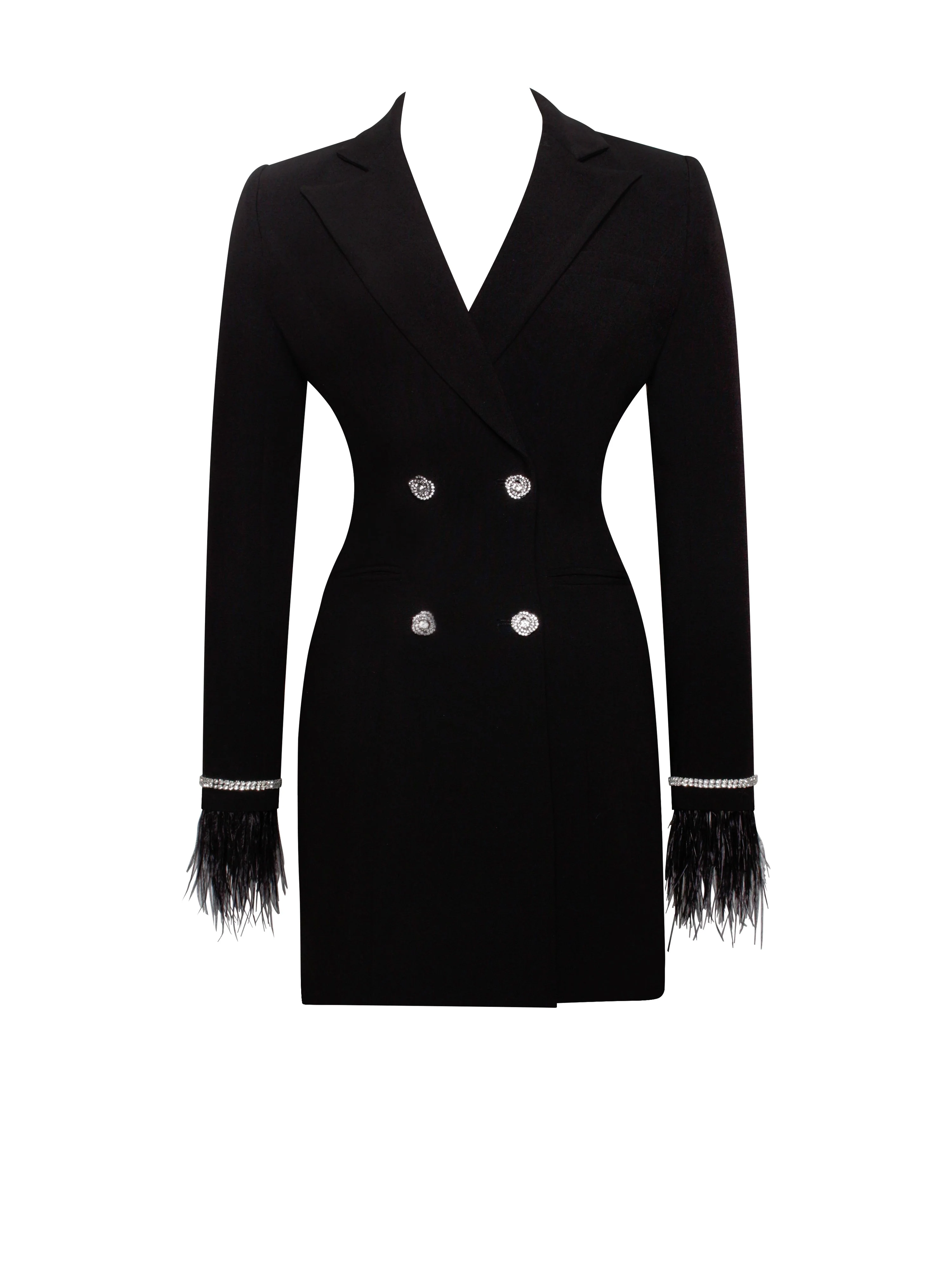 Quilla Black Feather Crystal Graceful Sleeve Backless Blazer Dress - Image 11