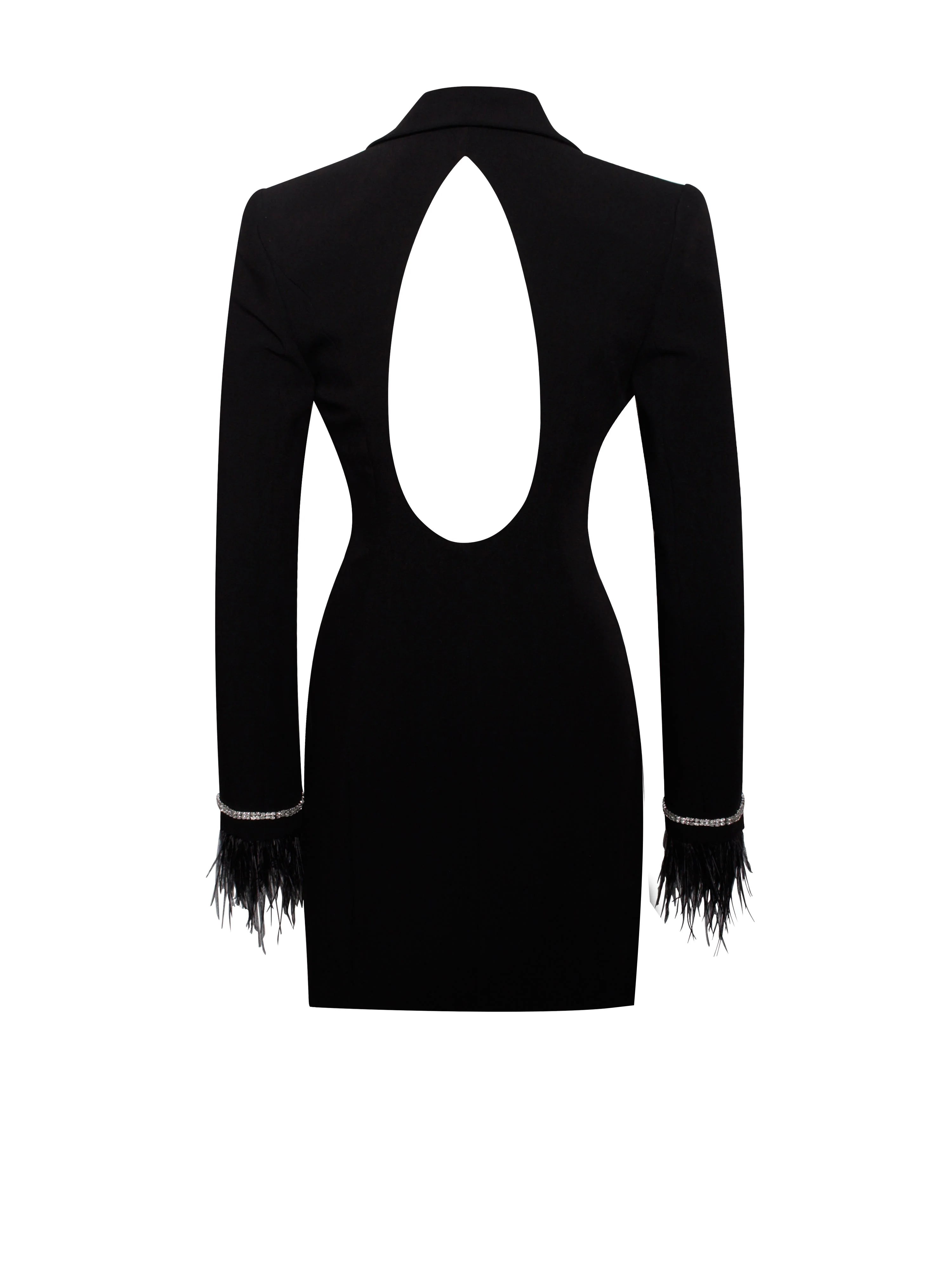 Quilla Black Feather Crystal Graceful Sleeve Backless Blazer Dress - Image 13