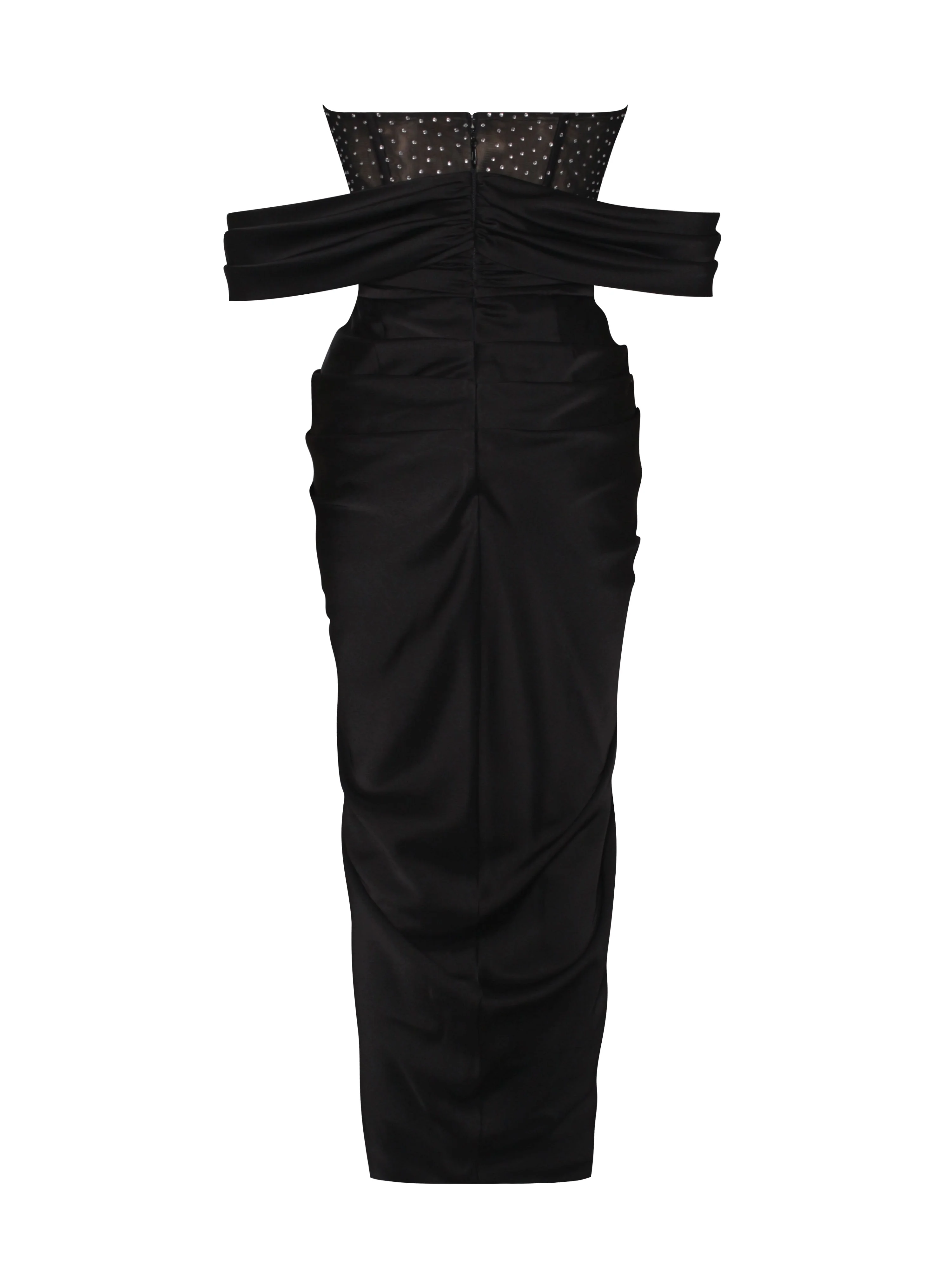 Stella Black Off Shoulder Graceful Crystal Corset Satin Gown - Image 15