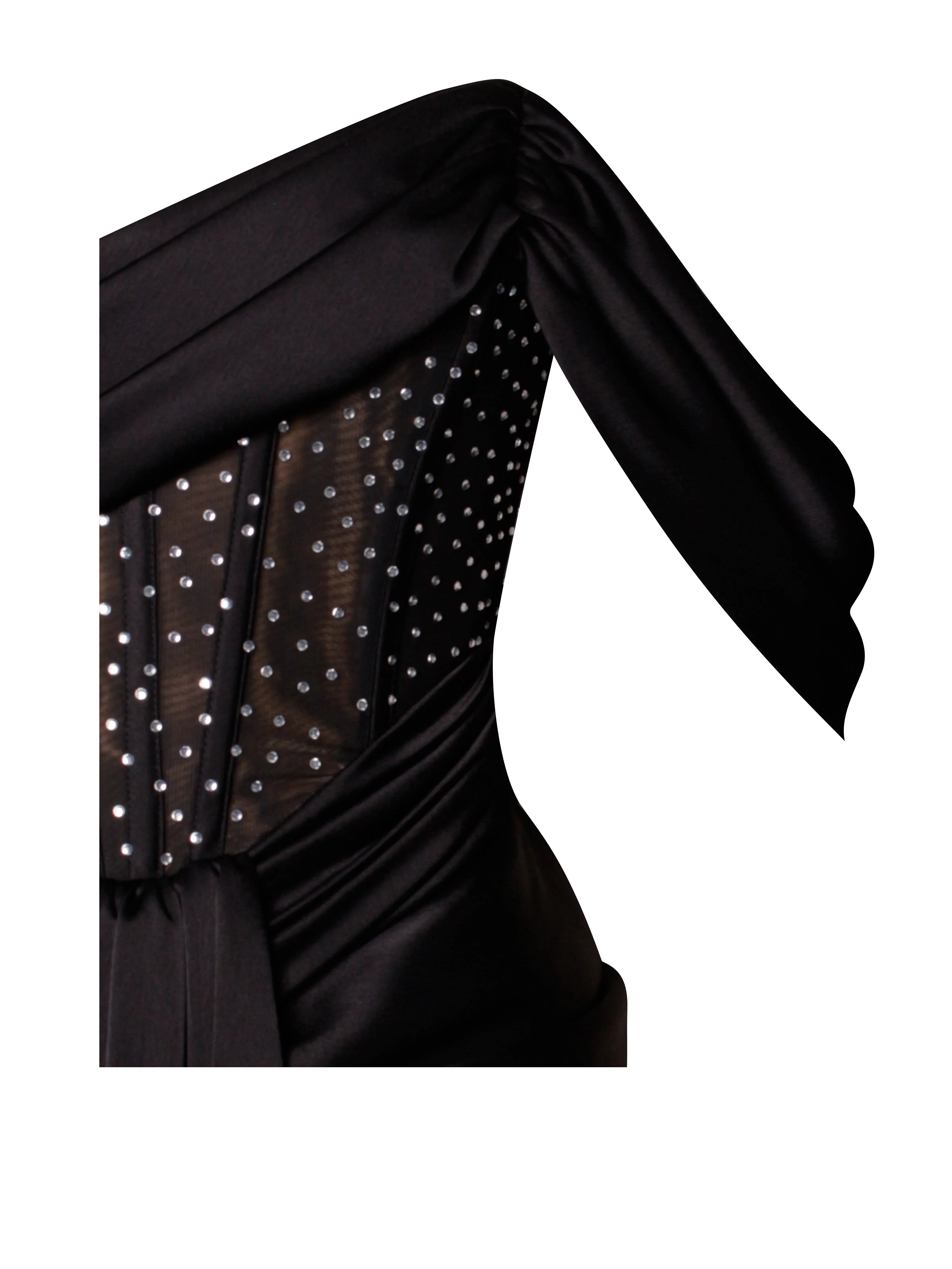 Stella Black Off Shoulder Graceful Crystal Corset Satin Gown - Image 16