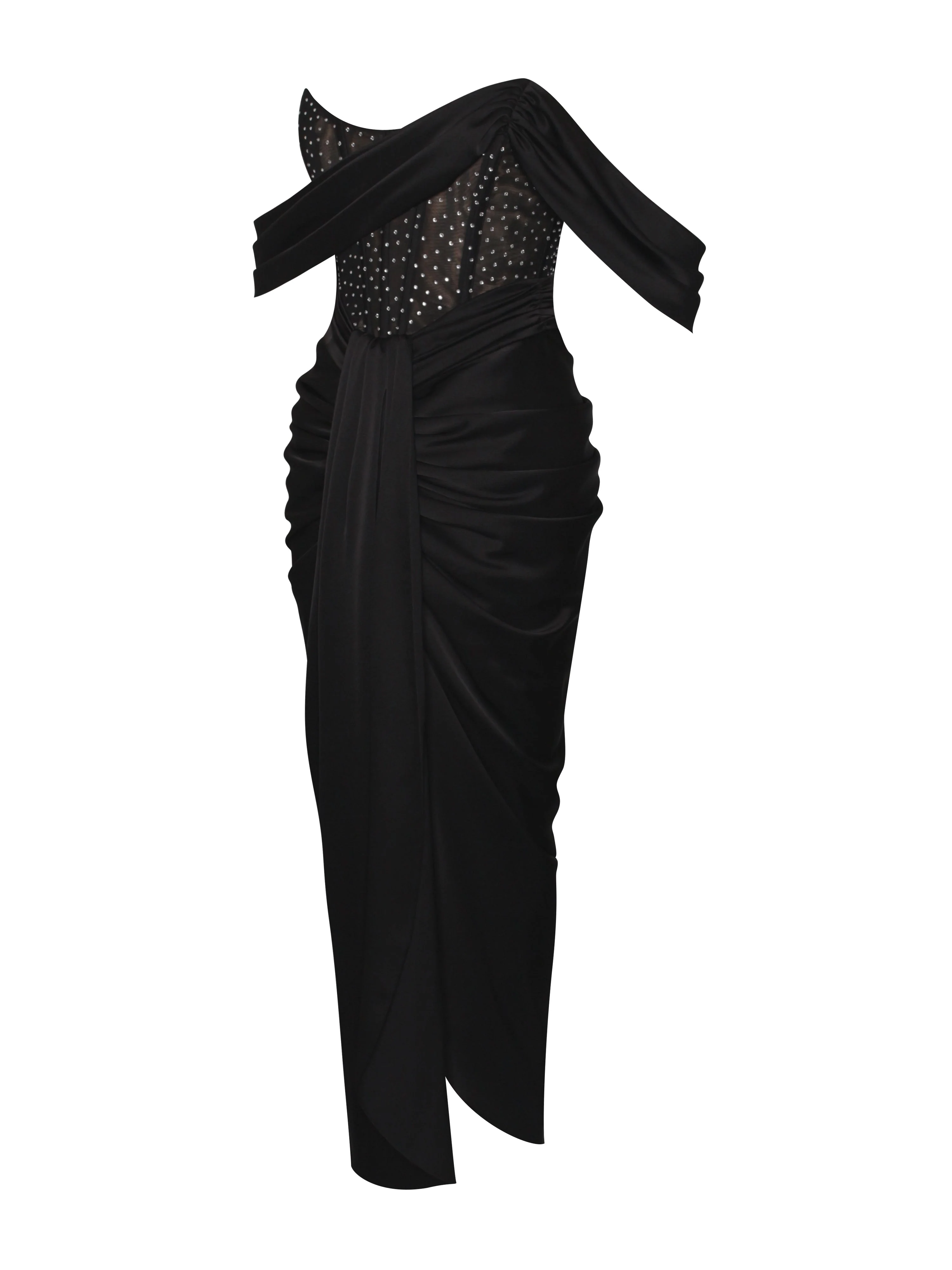Stella Black Off Shoulder Graceful Crystal Corset Satin Gown - Image 29