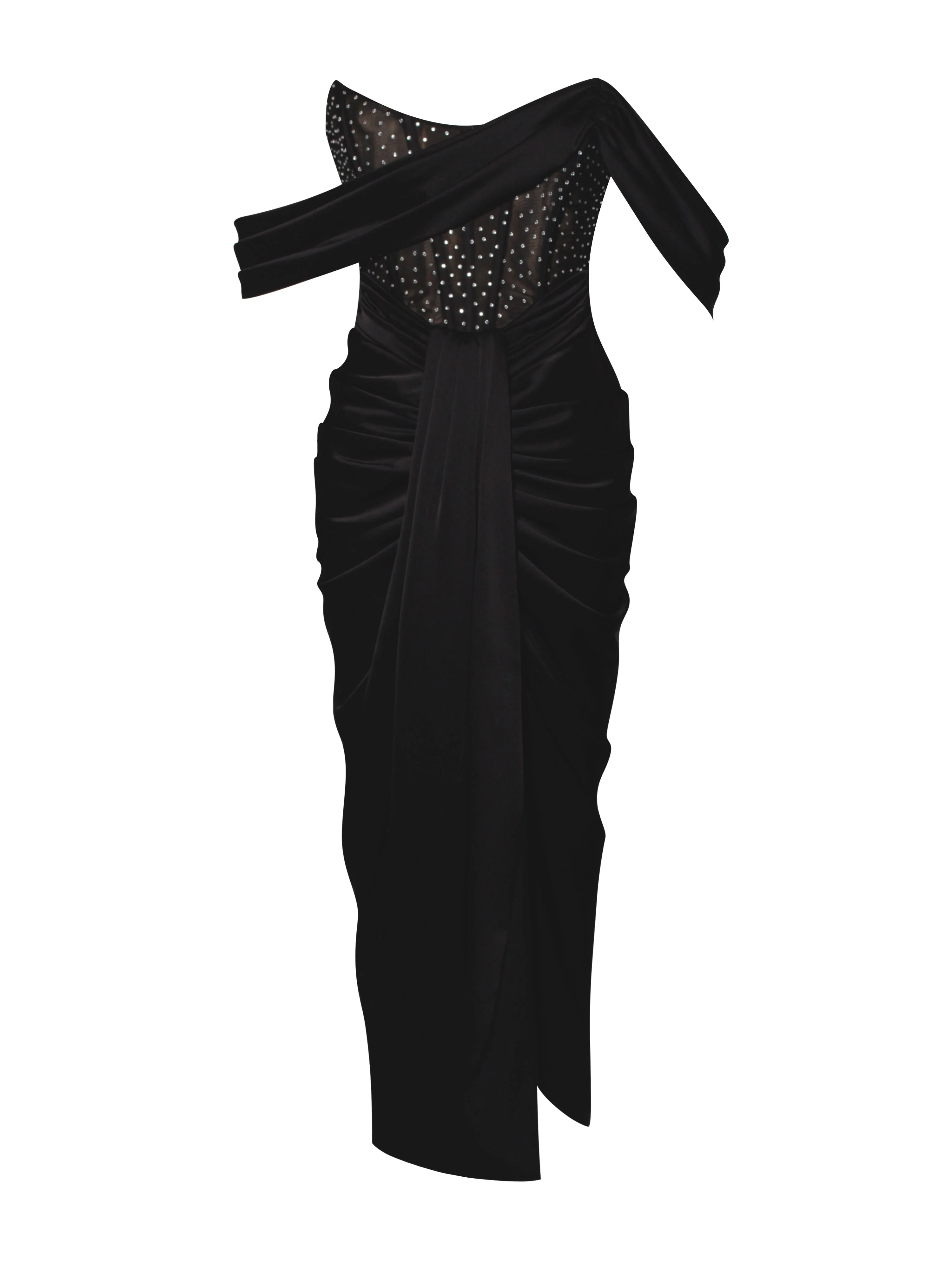 Stella Black Off Shoulder Graceful Crystal Corset Satin Gown - Image 8