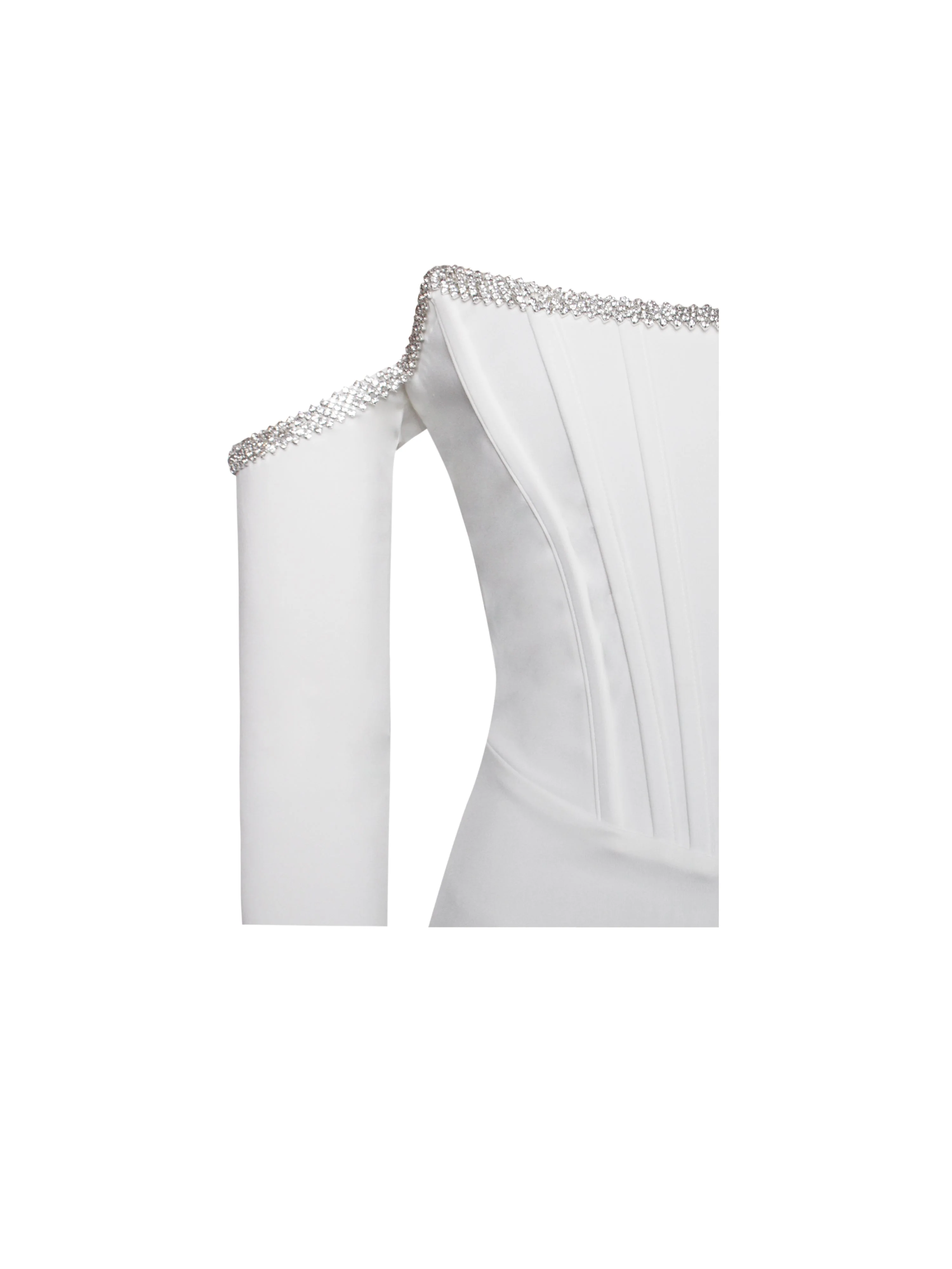 Annika White Off Shoulder Long Trendy Sleeve Corset Dress With Crystal Trim - Image 32