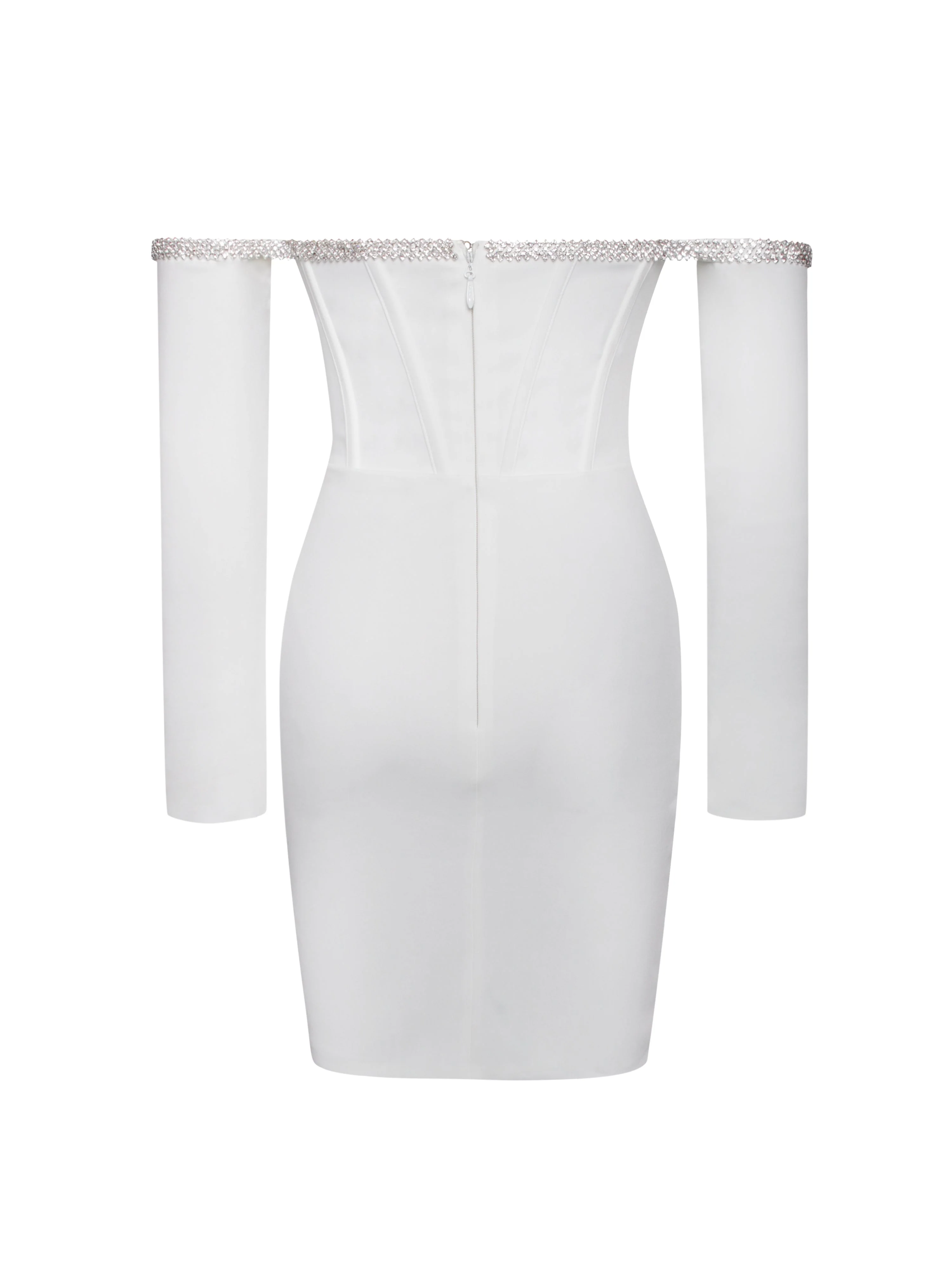 Annika White Off Shoulder Long Trendy Sleeve Corset Dress With Crystal Trim - Image 33