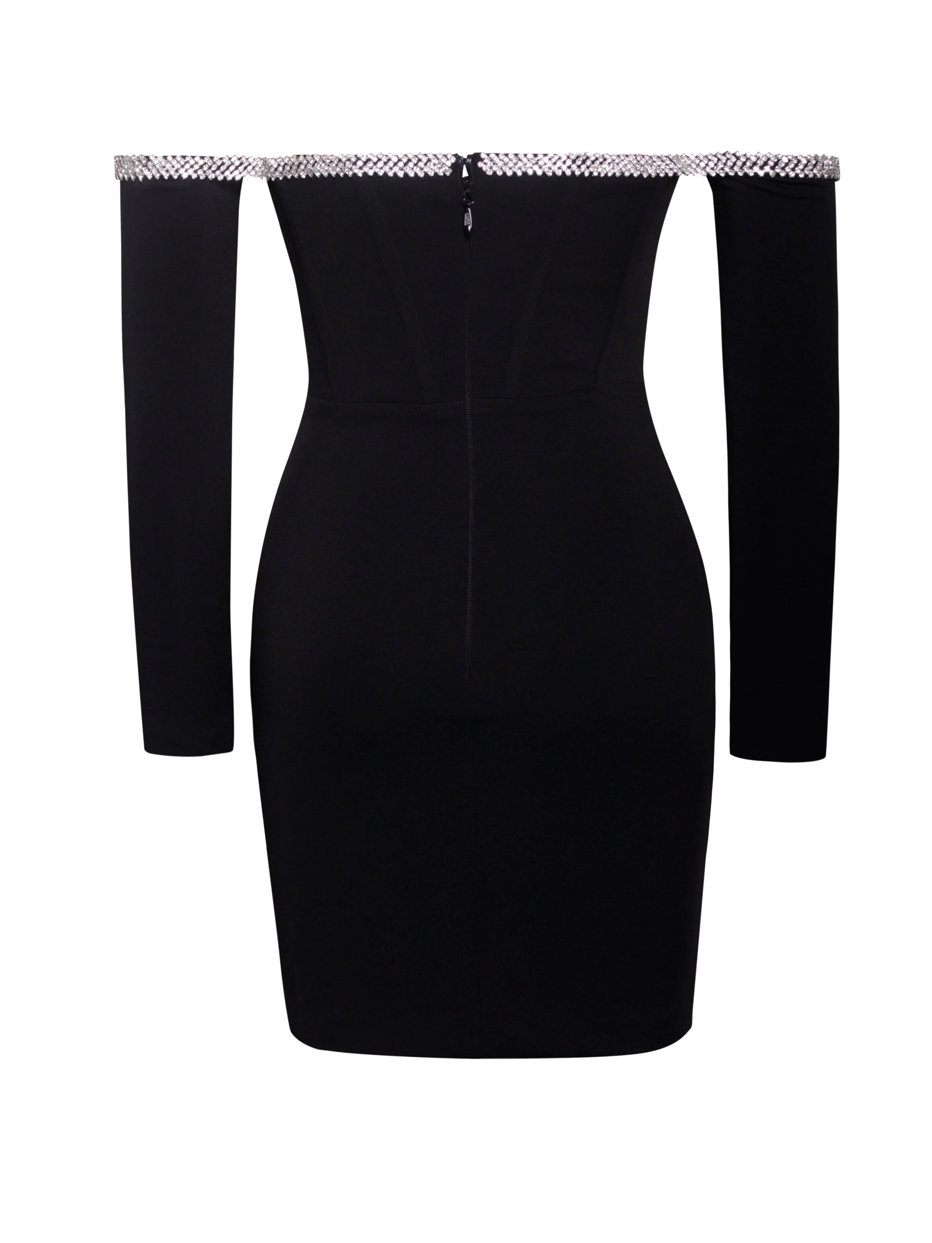 Annika Black Off Shoulder Long Trendy Sleeve Corset Dress With Crystal Trim - Image 29