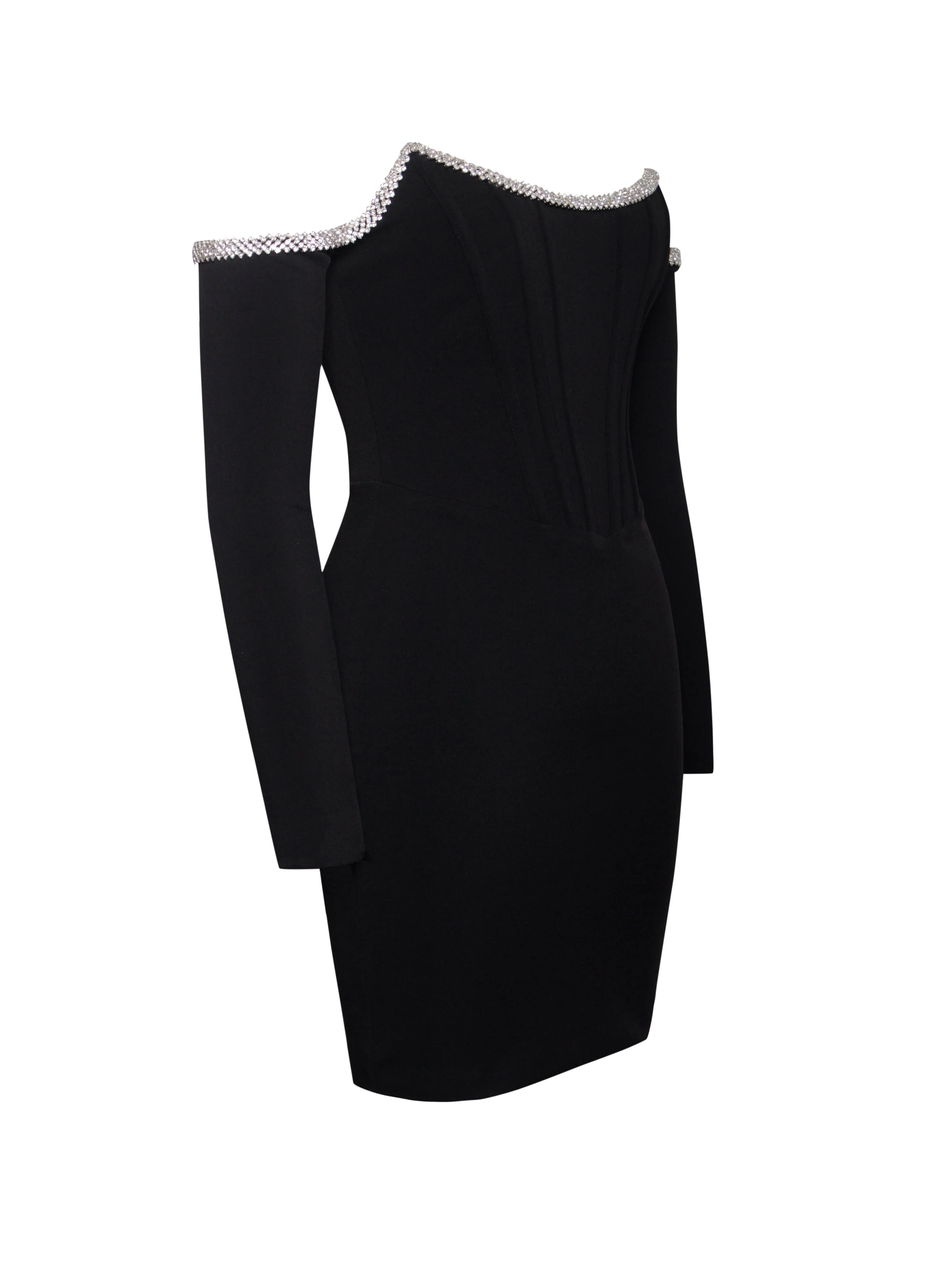 Annika Black Off Shoulder Long Trendy Sleeve Corset Dress With Crystal Trim - Image 32