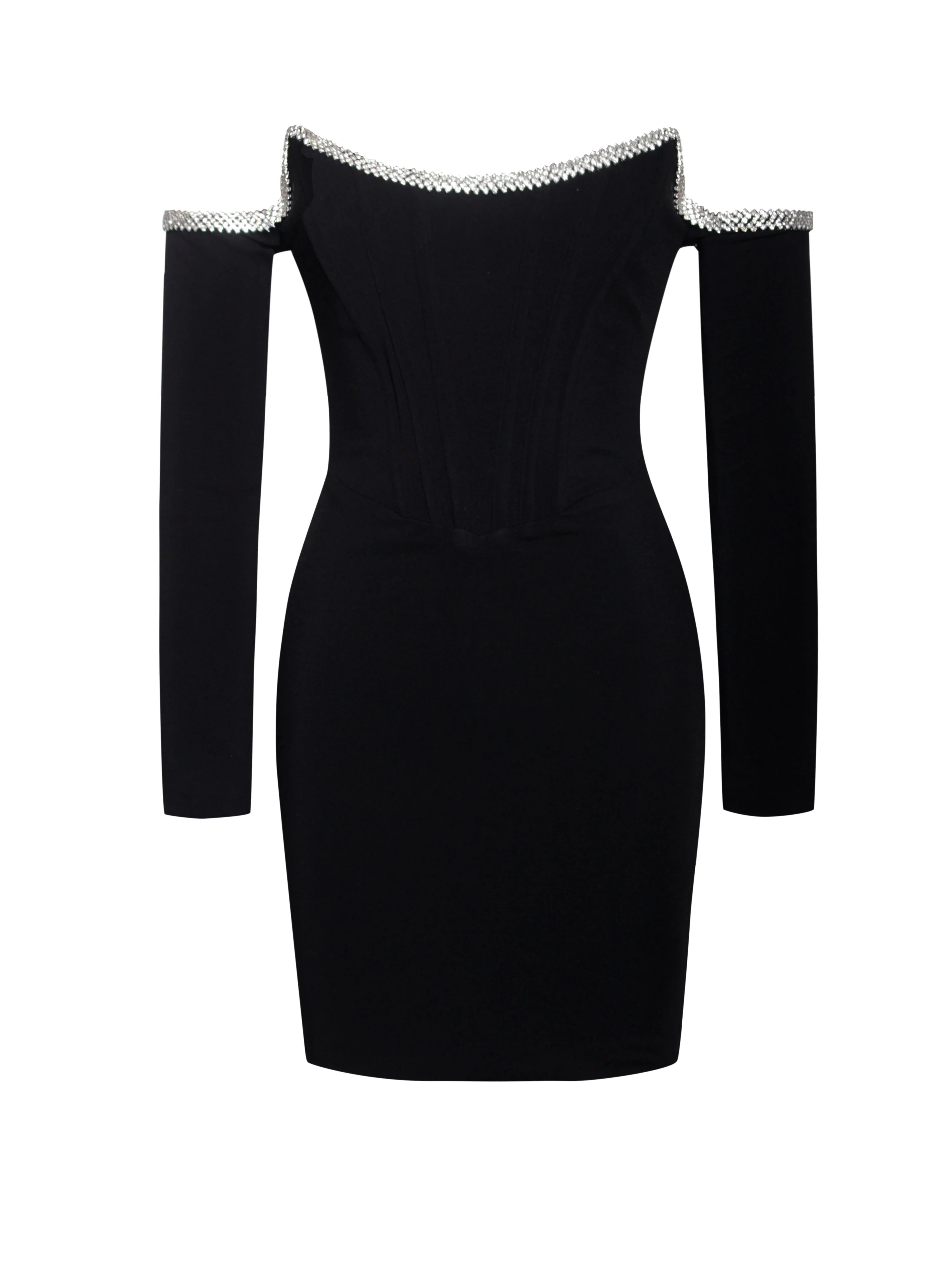 Annika Black Off Shoulder Long Trendy Sleeve Corset Dress With Crystal Trim - Image 33
