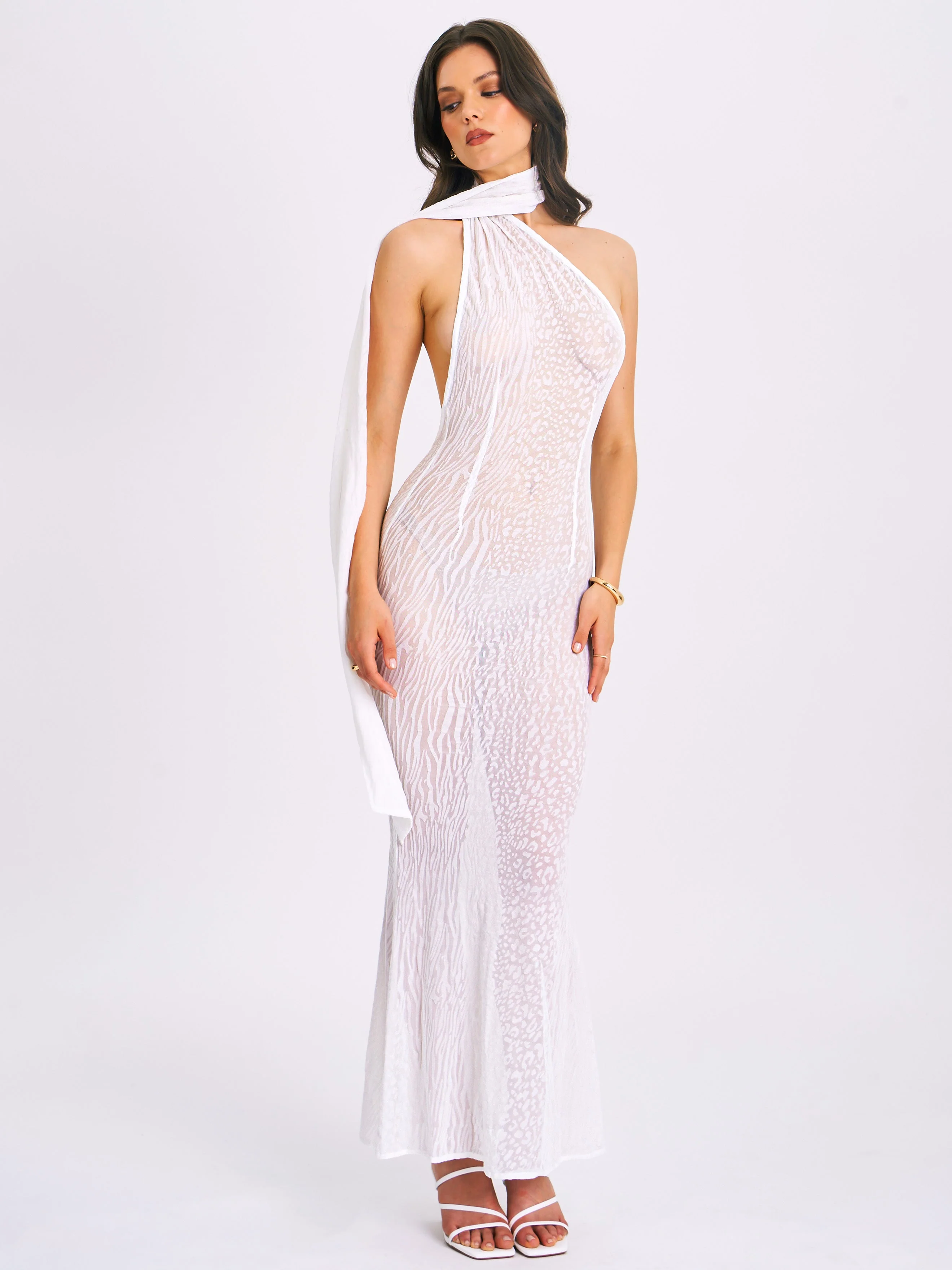 Olena White Burnout Velvet Animal Trendy Print Mesh Halter Neck Maxi Dress - Image 30