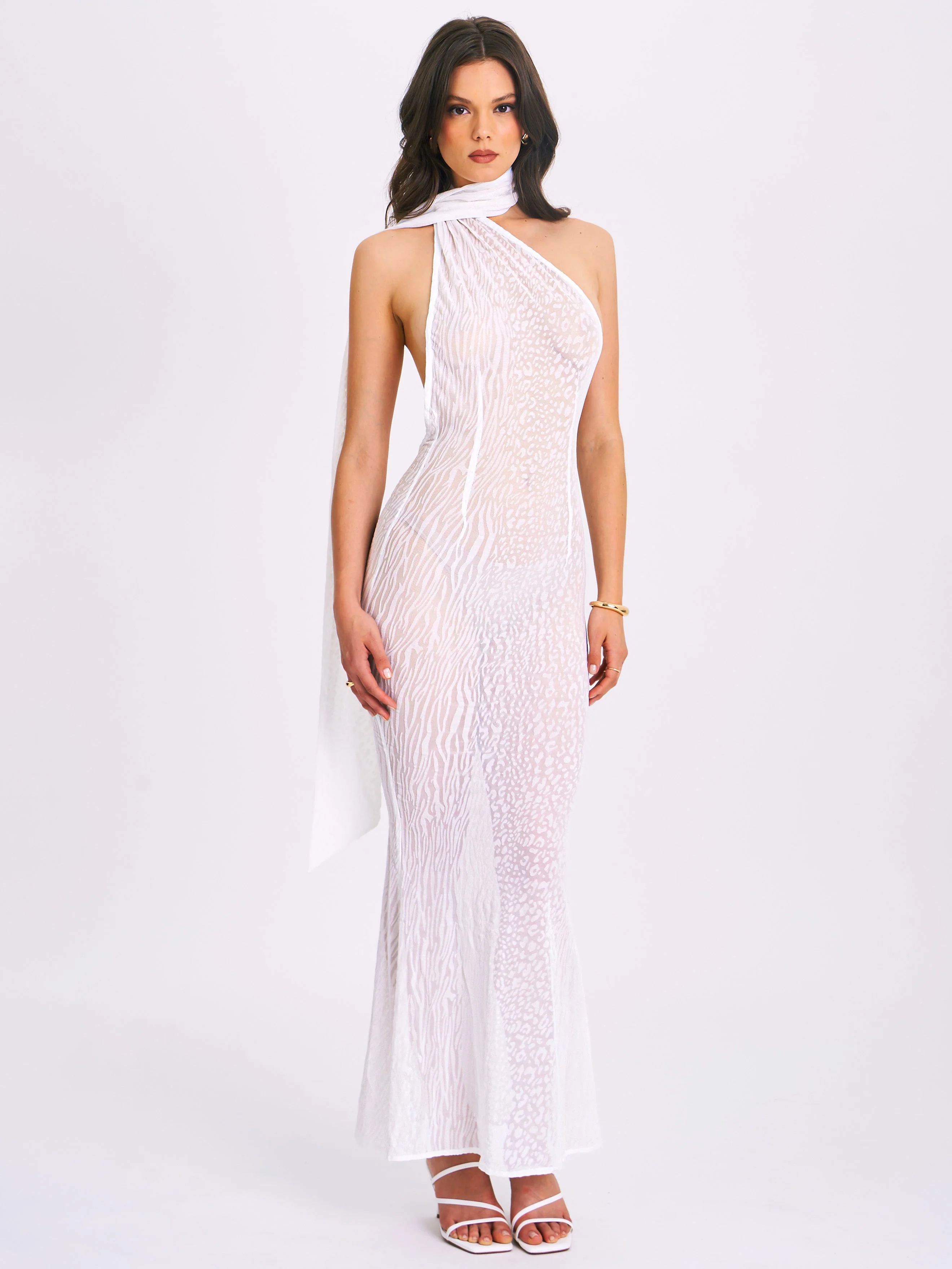 Olena White Burnout Velvet Animal Trendy Print Mesh Halter Neck Maxi Dress - Image 46