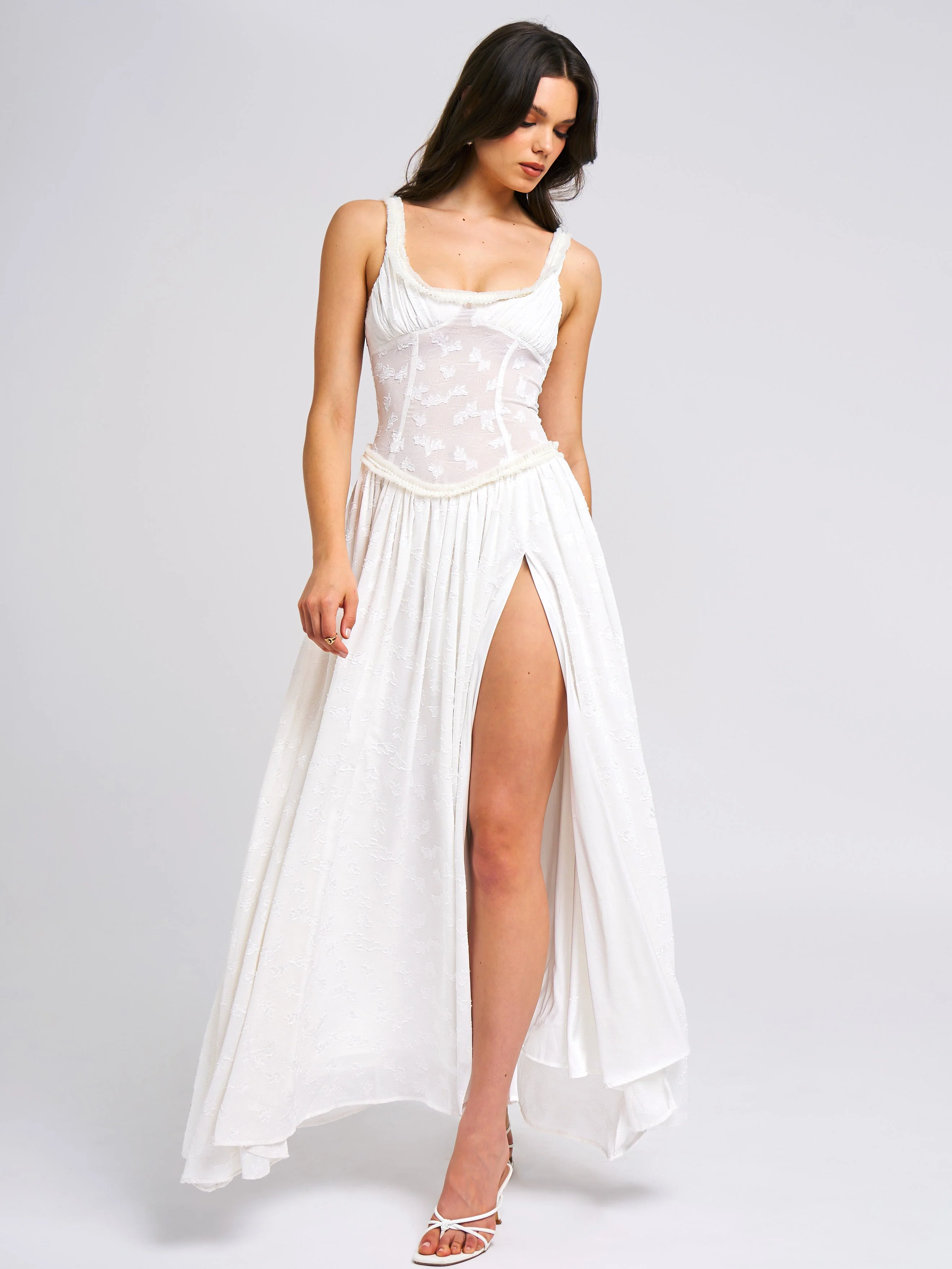 Ulissa White Square Neck Jacquard Trendy Textured High Slit Maxi Dress