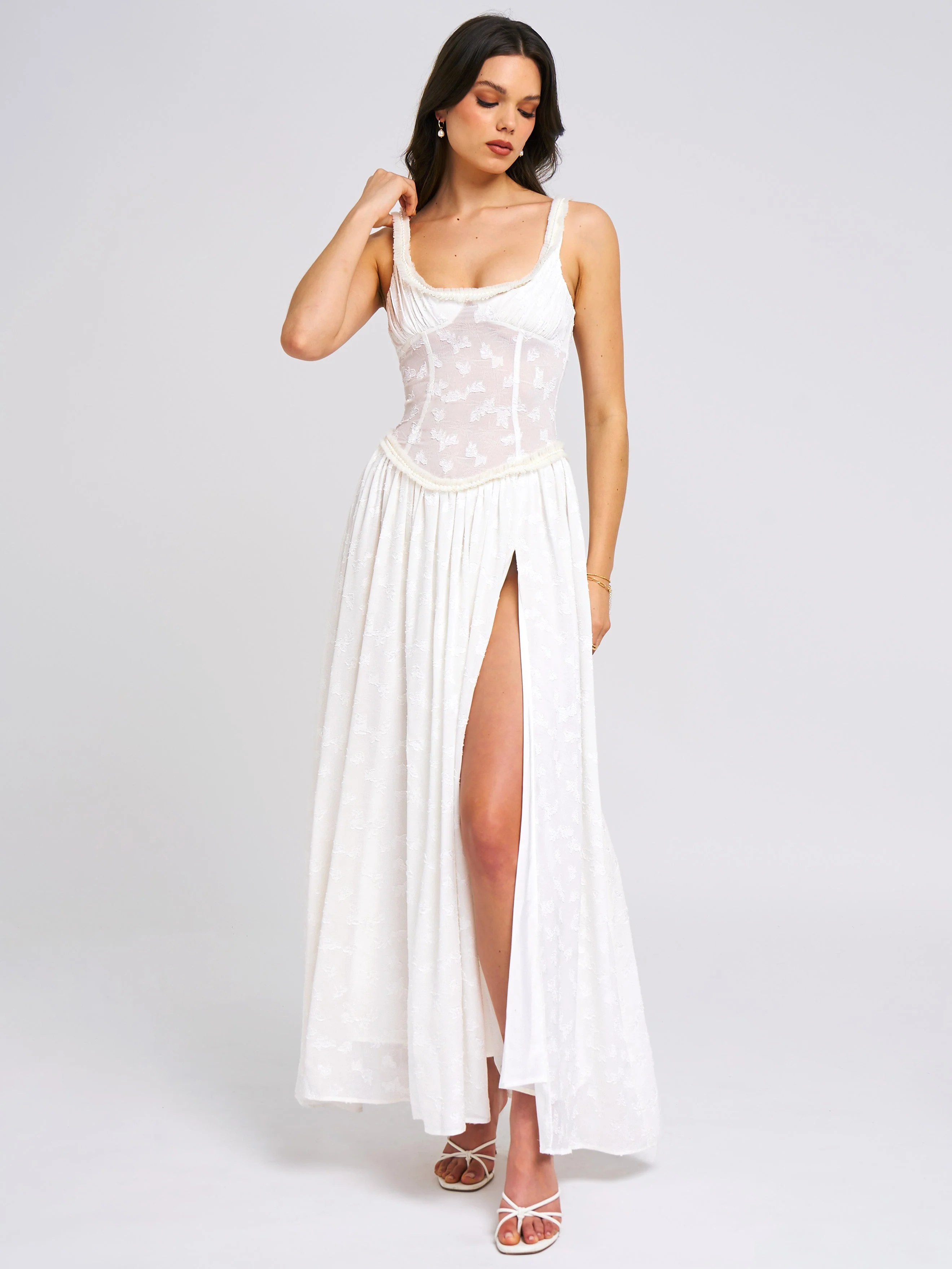 Ulissa White Square Neck Jacquard Trendy Textured High Slit Maxi Dress - Image 29