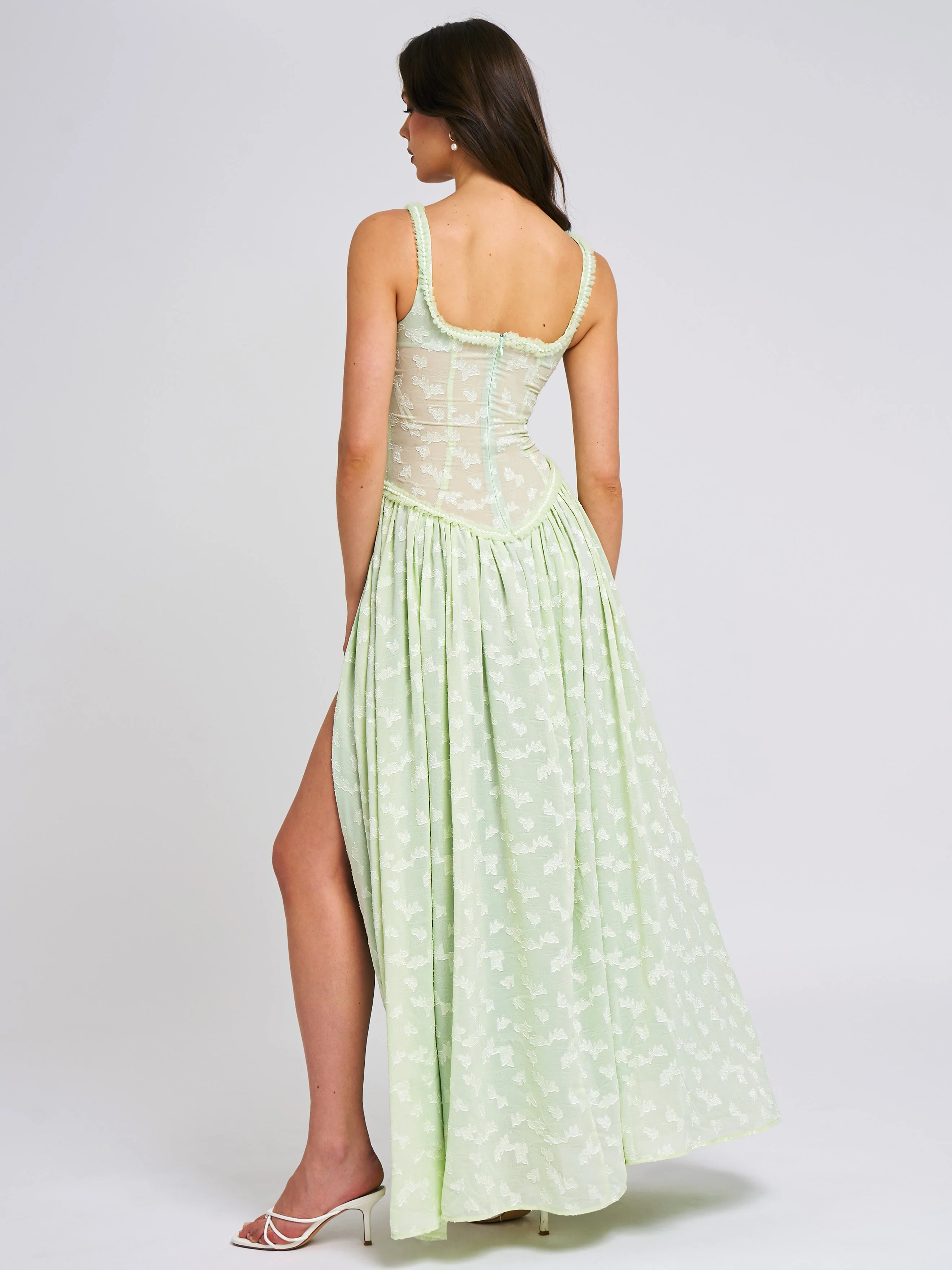 Ulissa Light Green Square Neck Trendy Jacquard Textured High Slit Maxi Dress - Image 11
