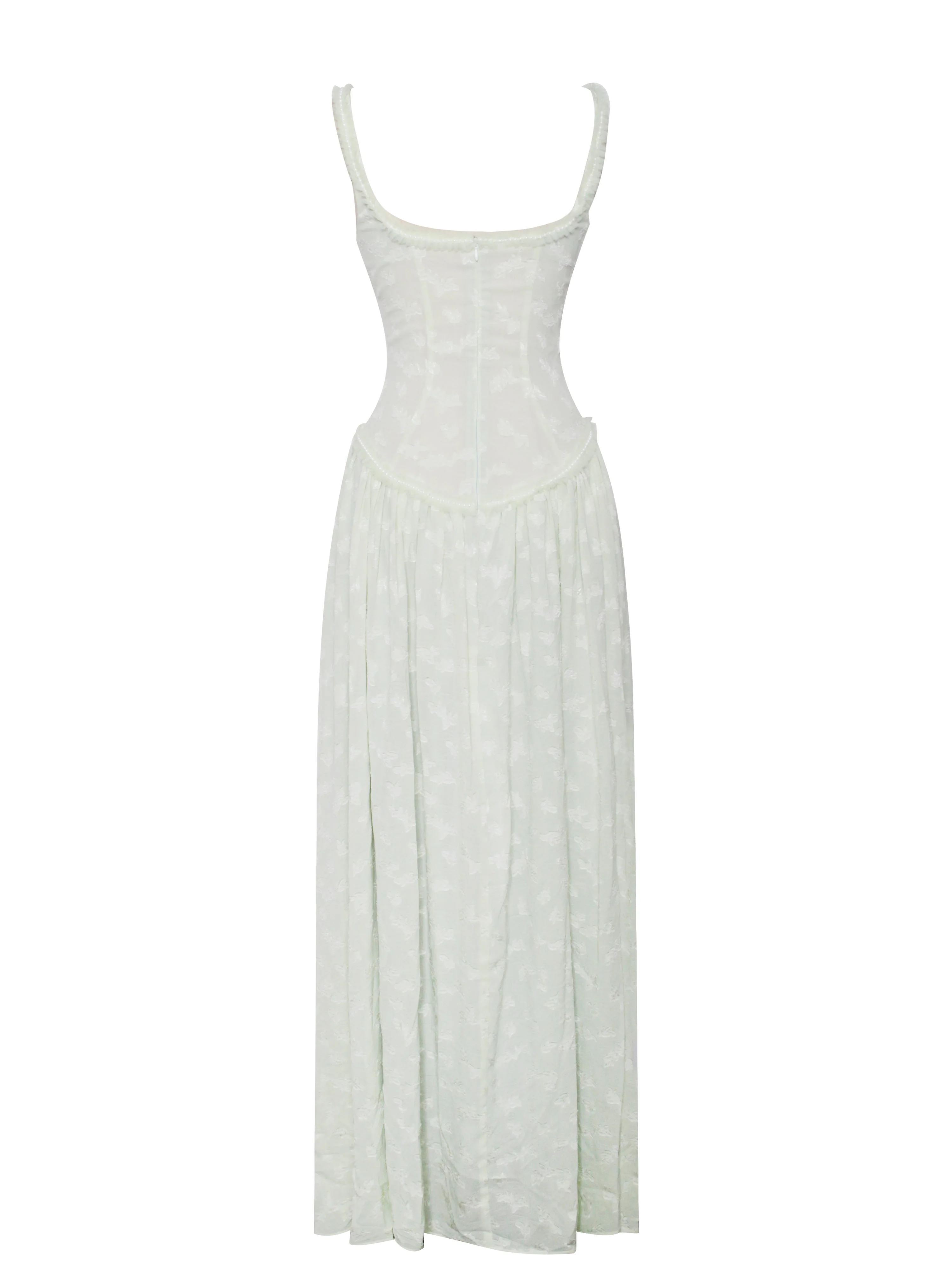 Ulissa Light Green Square Neck Trendy Jacquard Textured High Slit Maxi Dress - Image 17
