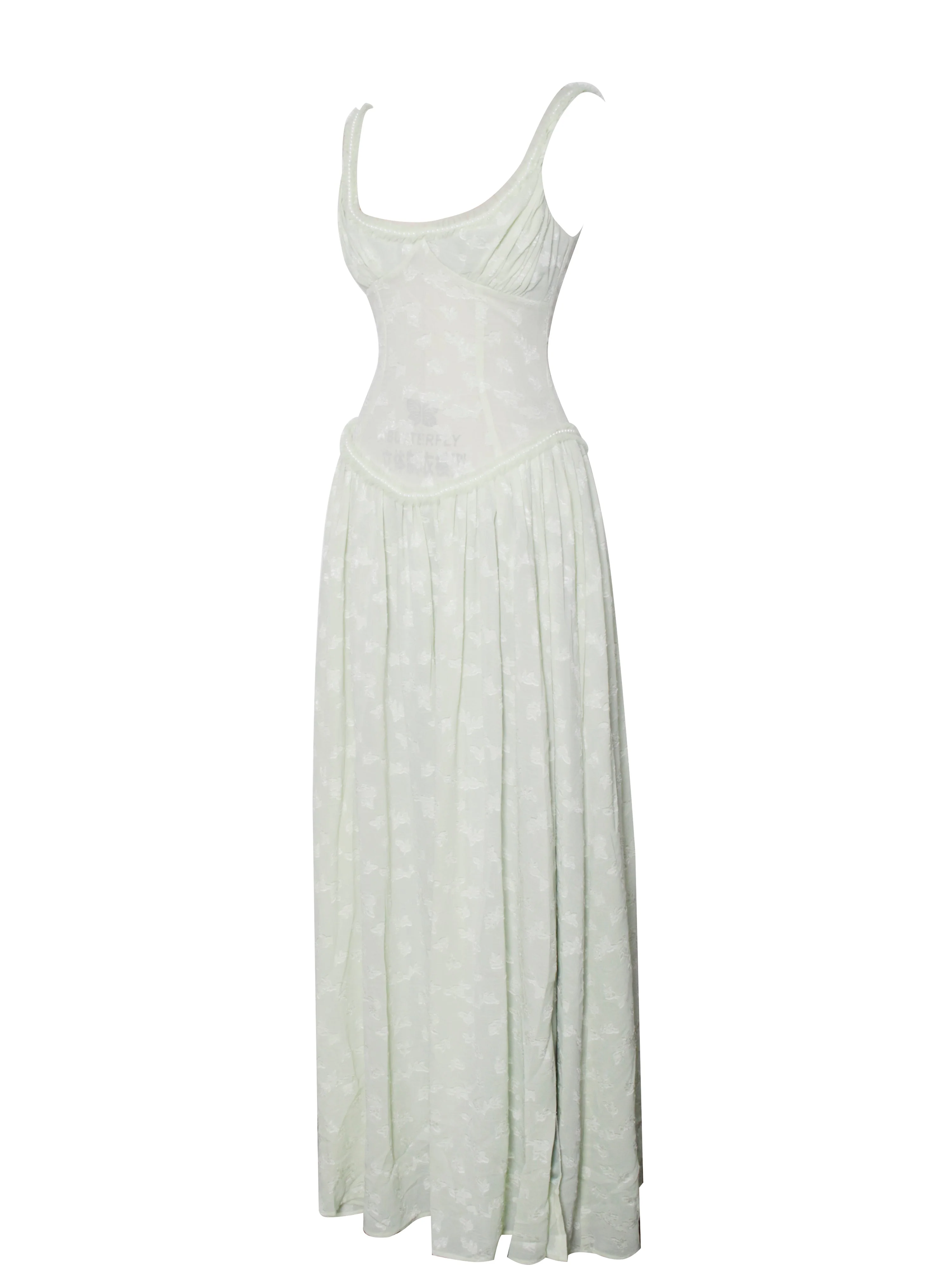 Ulissa Light Green Square Neck Trendy Jacquard Textured High Slit Maxi Dress - Image 20