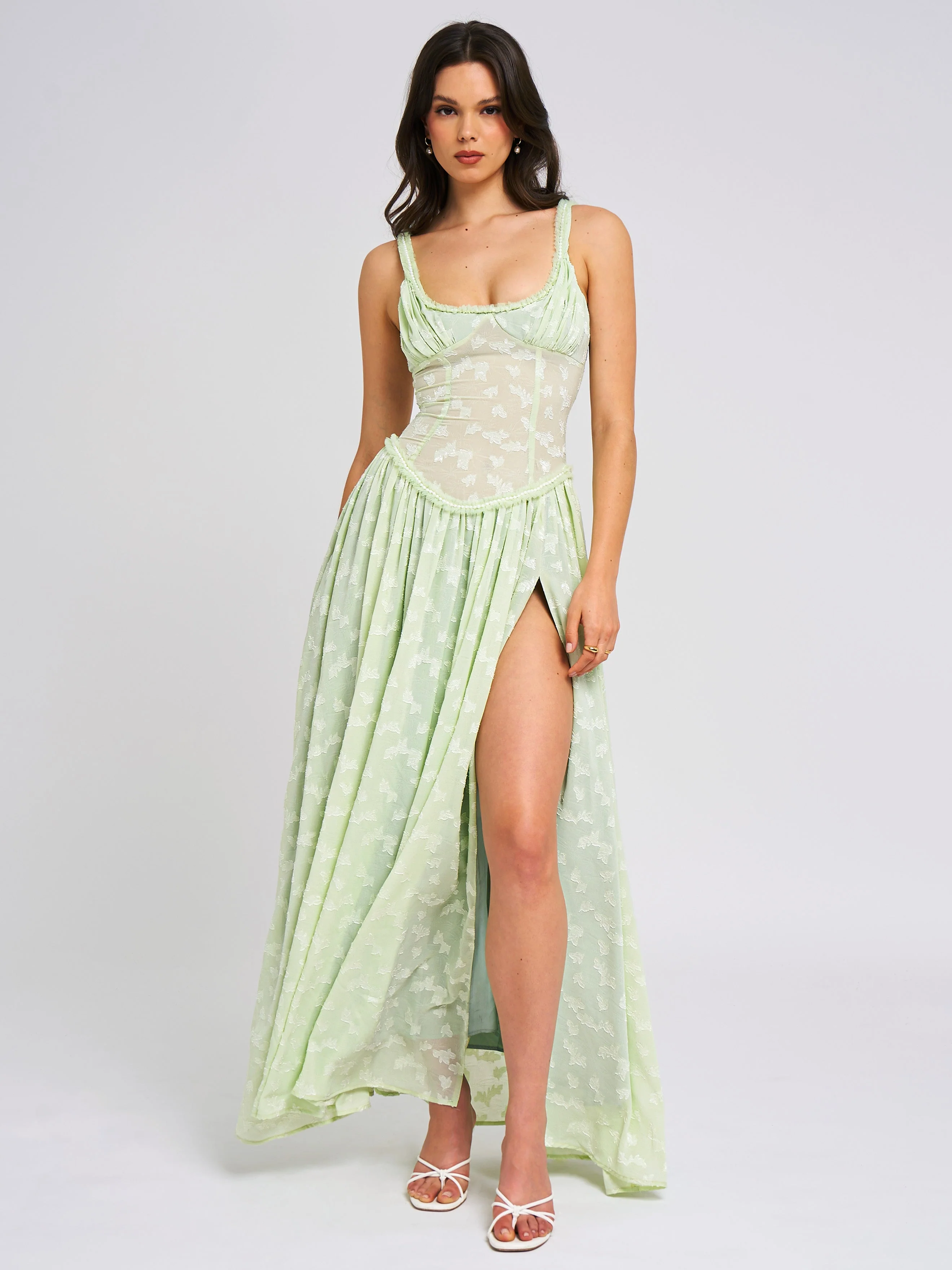 Ulissa Light Green Square Neck Trendy Jacquard Textured High Slit Maxi Dress - Image 32