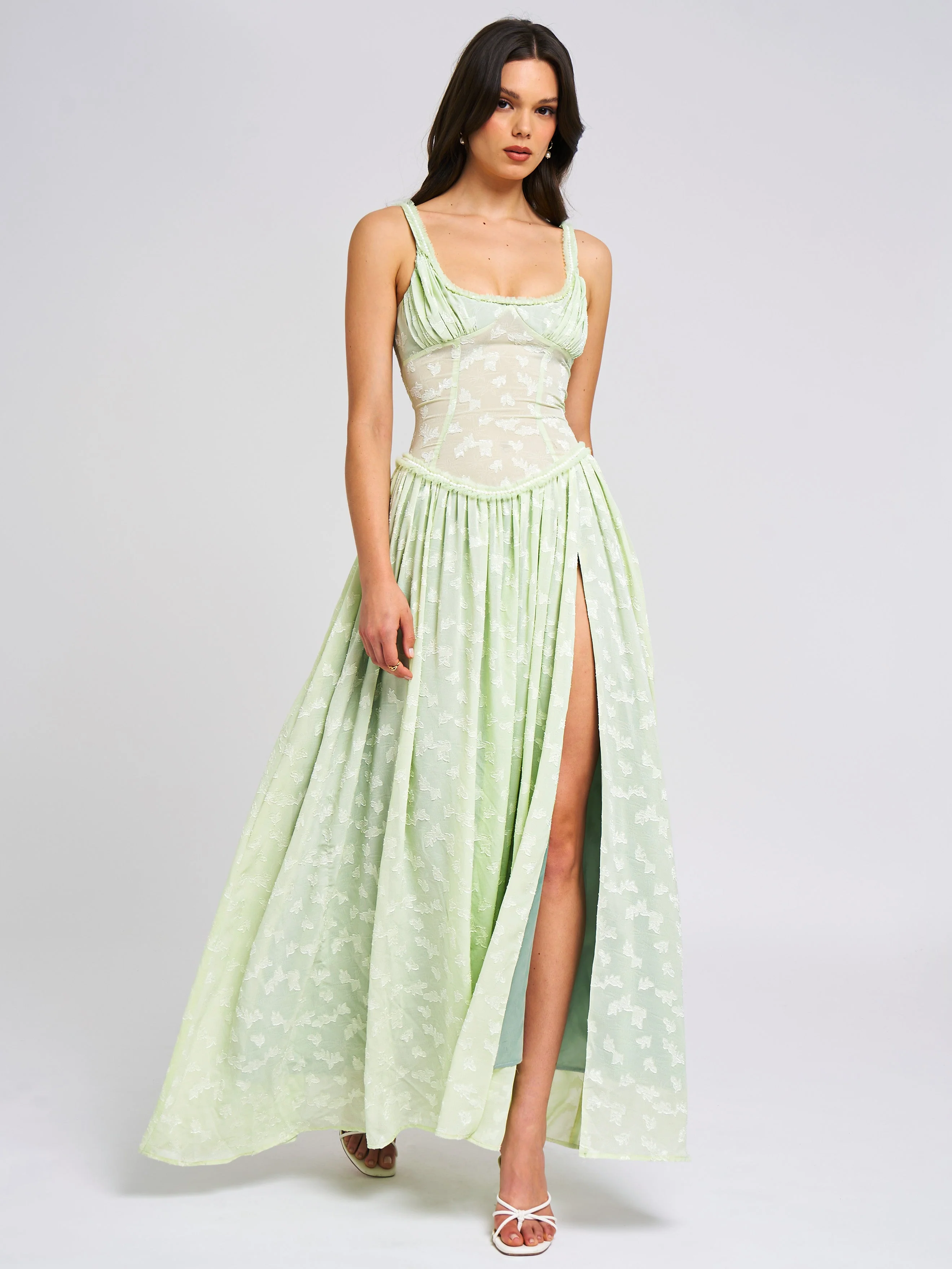 Ulissa Light Green Square Neck Trendy Jacquard Textured High Slit Maxi Dress - Image 4