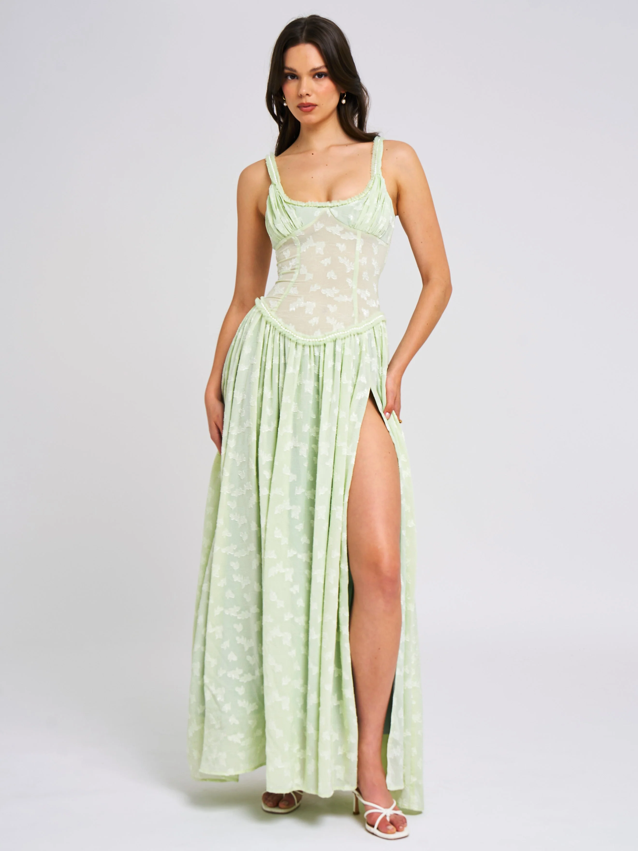 Ulissa Light Green Square Neck Trendy Jacquard Textured High Slit Maxi Dress - Image 5