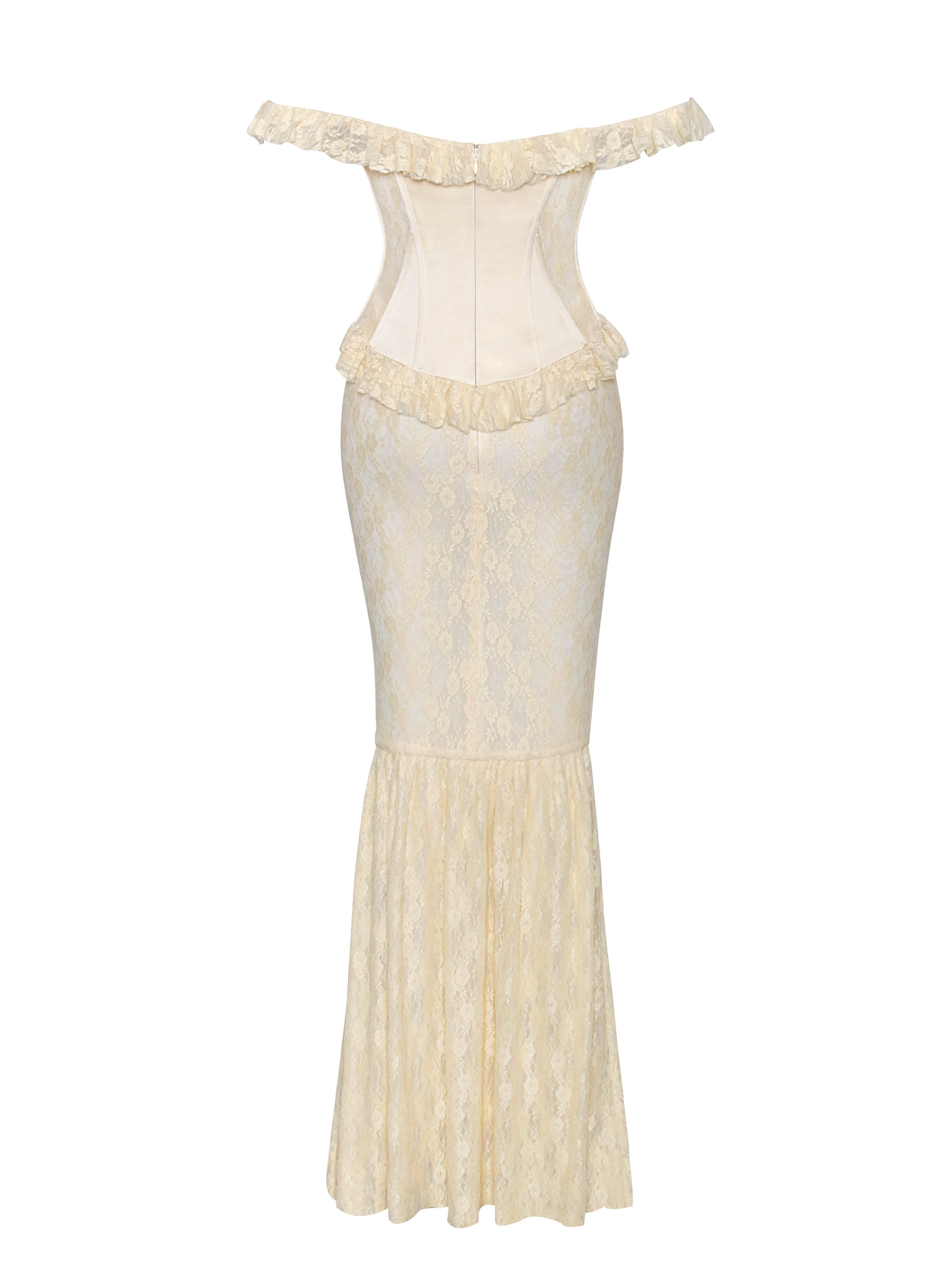 Ersilia Pale Yellow Satin Lace Trendy Peplum Corset Off Shoulder Maxi Dress - Image 12