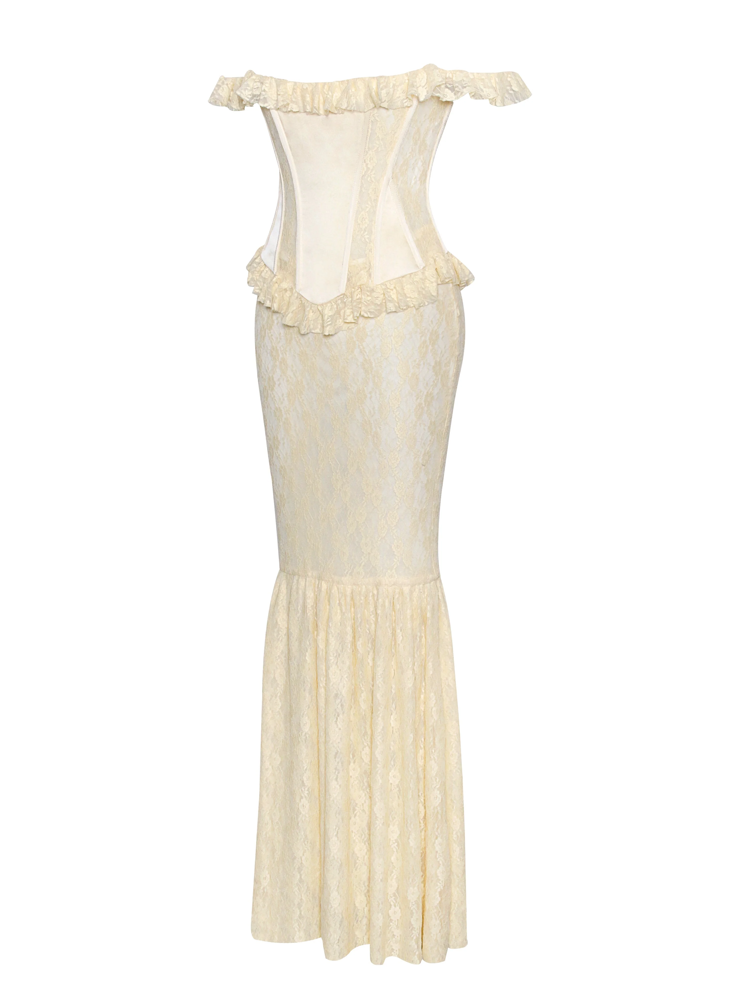 Ersilia Pale Yellow Satin Lace Trendy Peplum Corset Off Shoulder Maxi Dress - Image 20