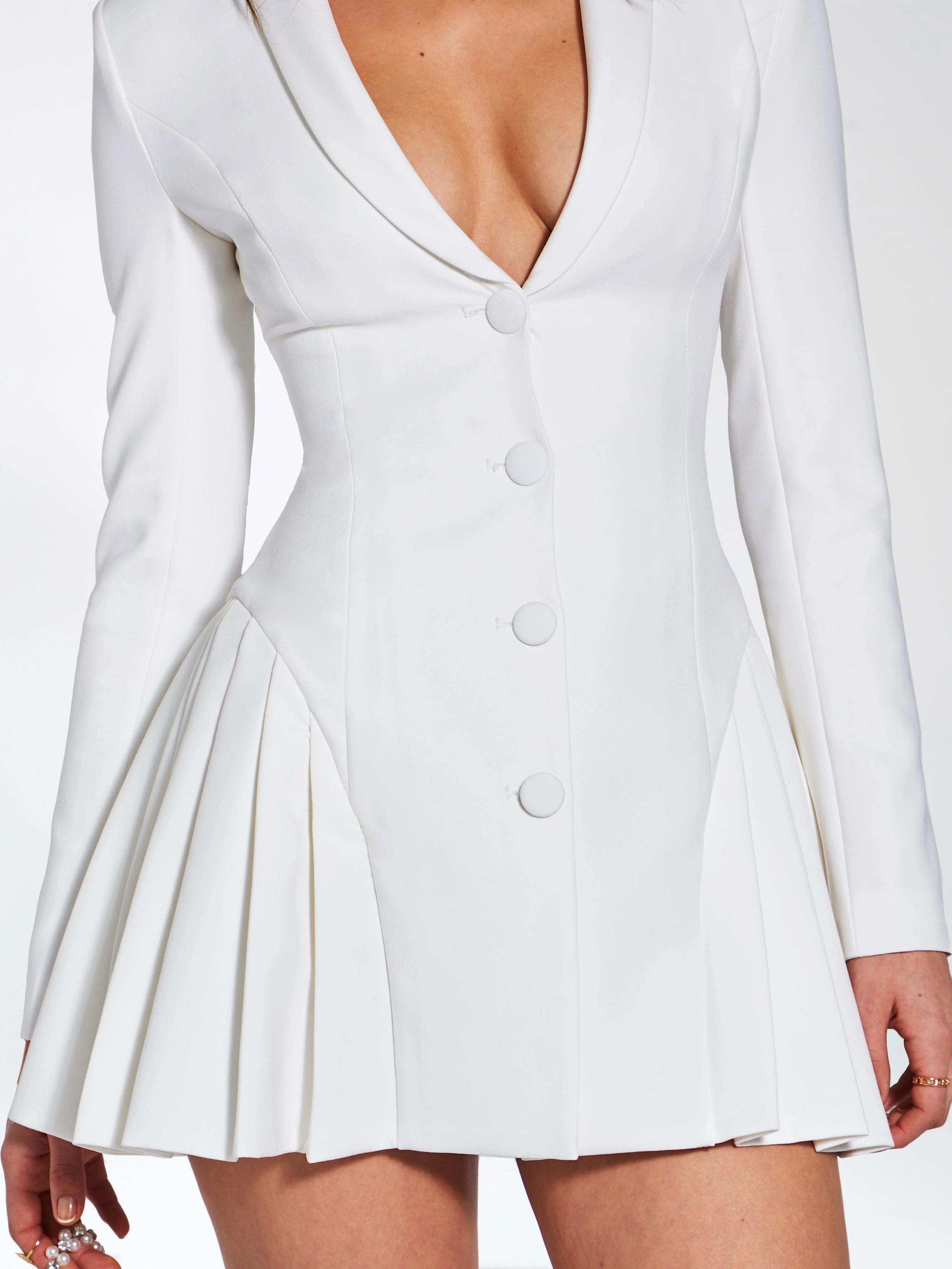 Delia White Blazer Charming Dress with Pleated Detail - Image 21