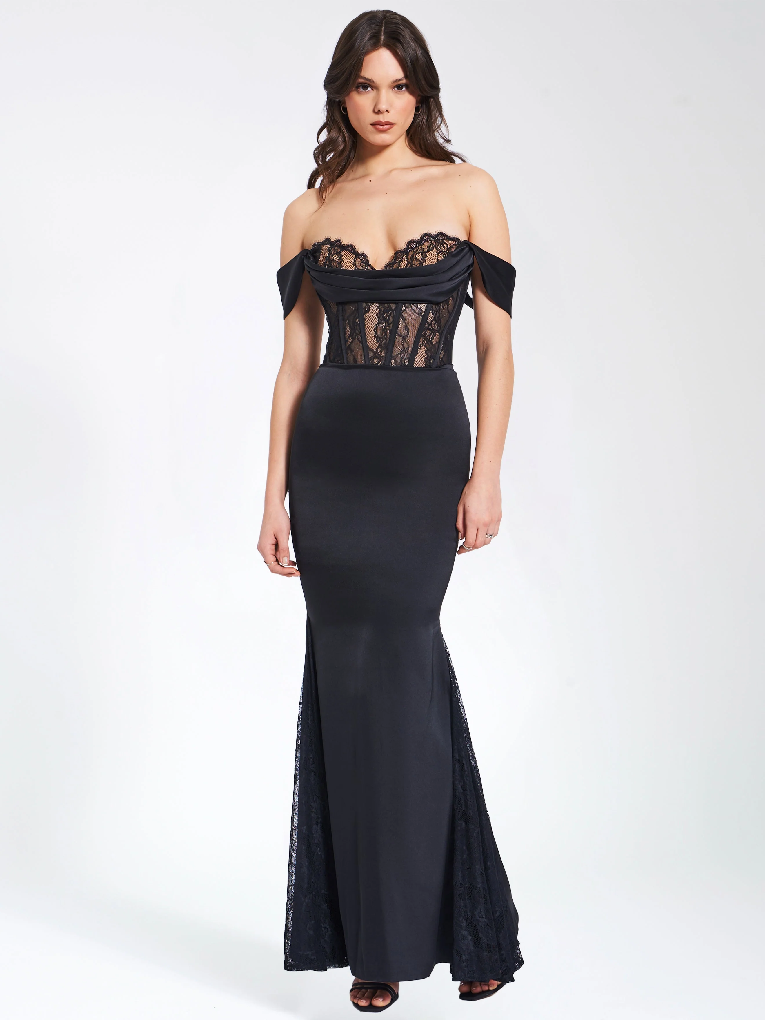 Callista Black Satin Charming Lace Corset Maxi Dress - Image 35