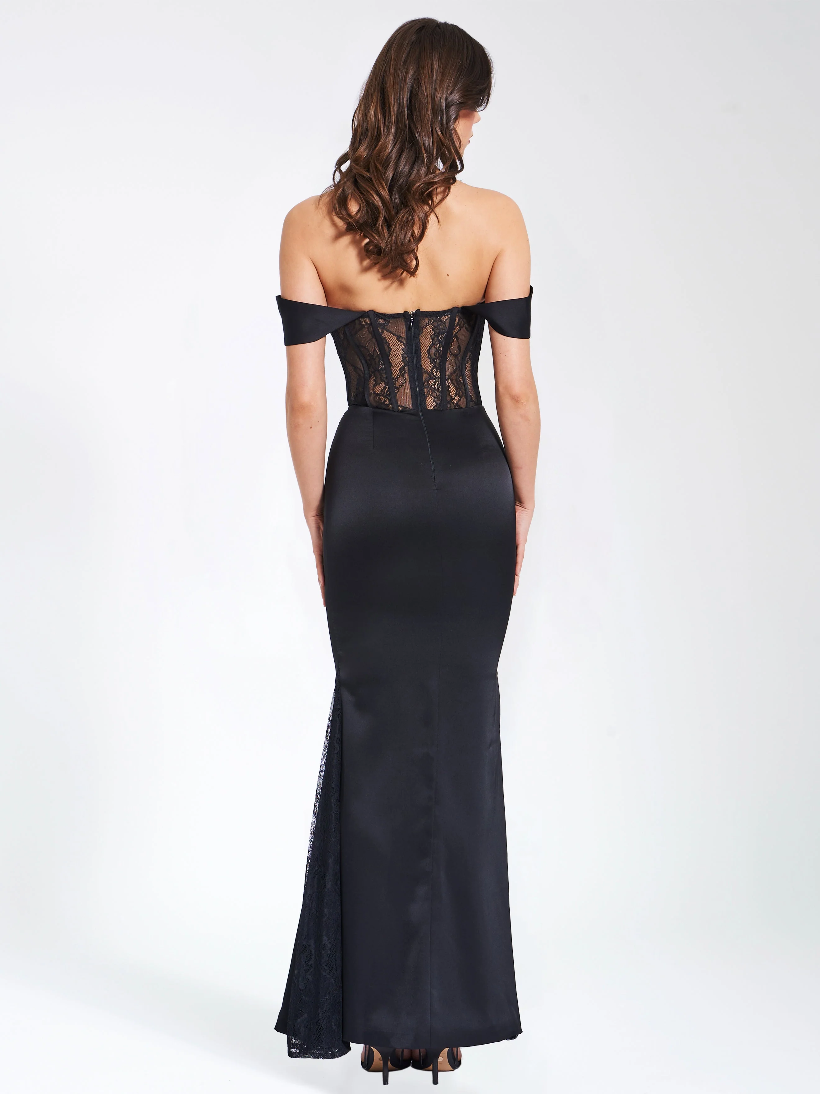 Callista Black Satin Charming Lace Corset Maxi Dress - Image 9